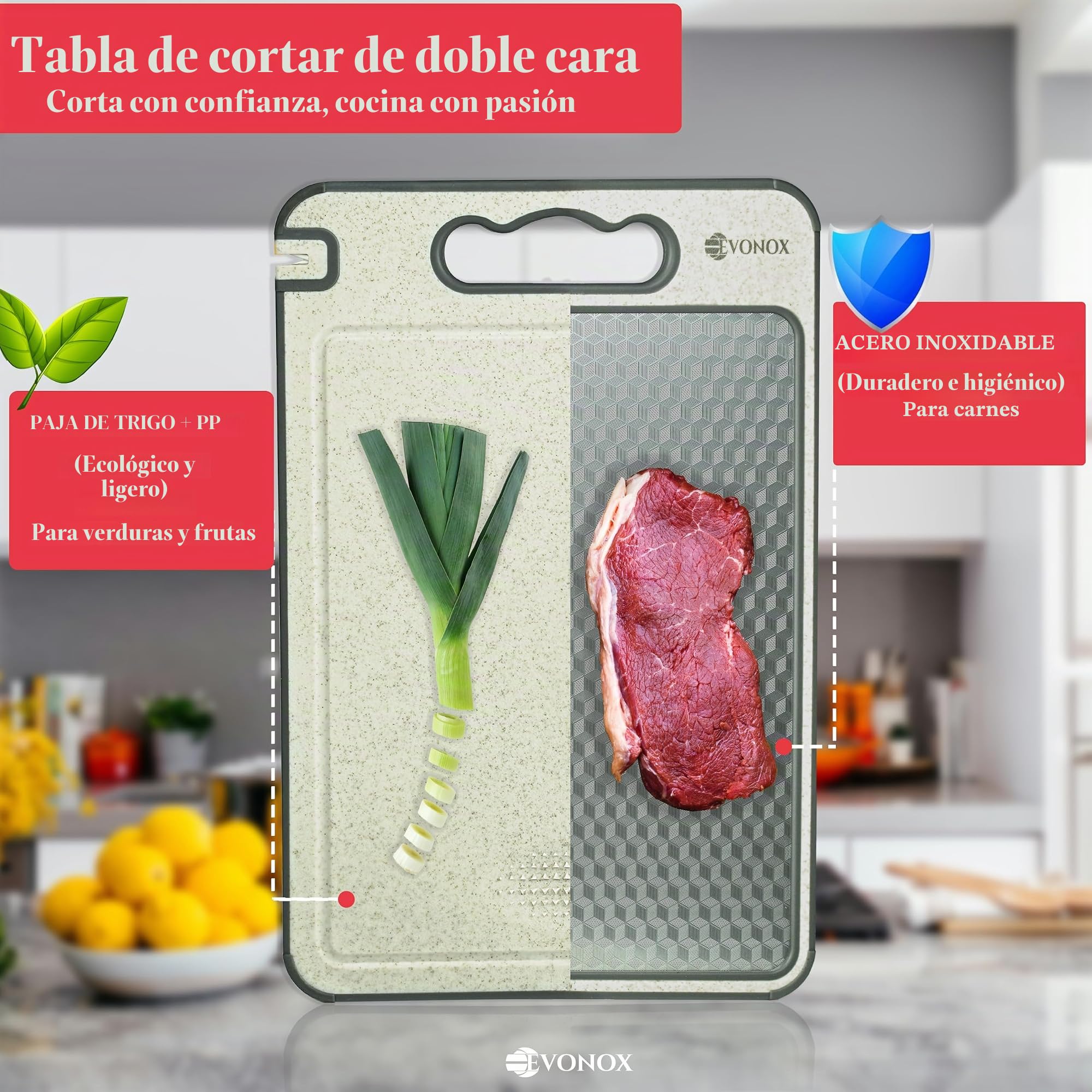 EVONOX Tablas de cortar de acero inoxidable para cocina, de doble cara, ligeras, aptas para lavavajillas, fáciles de limpiar, no tóxicas, bordes antideslizantes, tabla de cortar grande de paja de