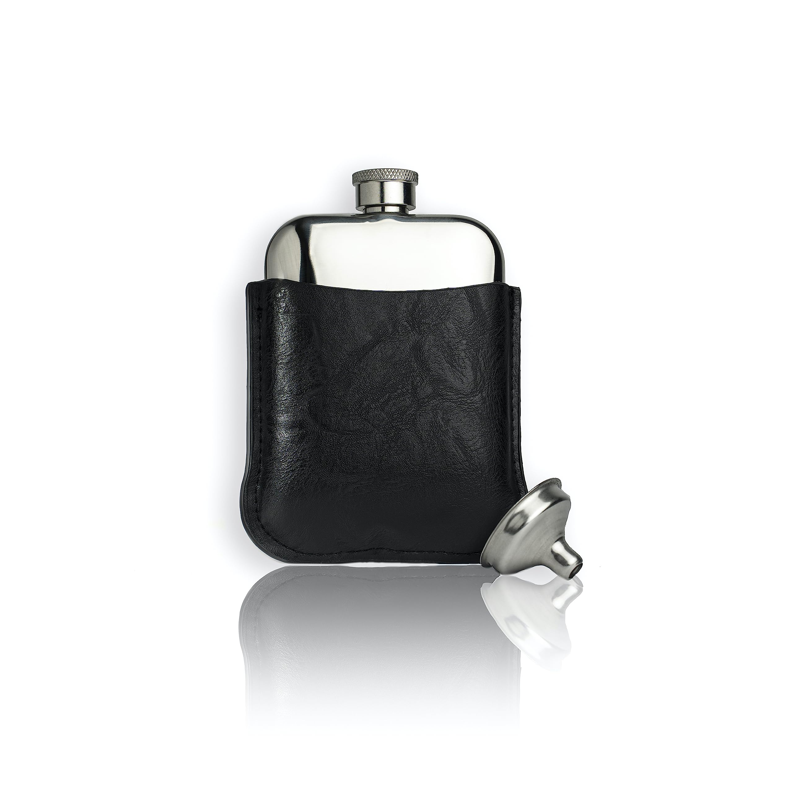 HIPLE® 6oz Hip Flask Gift Set with Free Hiple Handkerchief Premium Black PU Leather Sleeve and Stainless Steel Funnel Birthday Gift for Him and Camping Flask Hip Flask for Men Whisky Flask