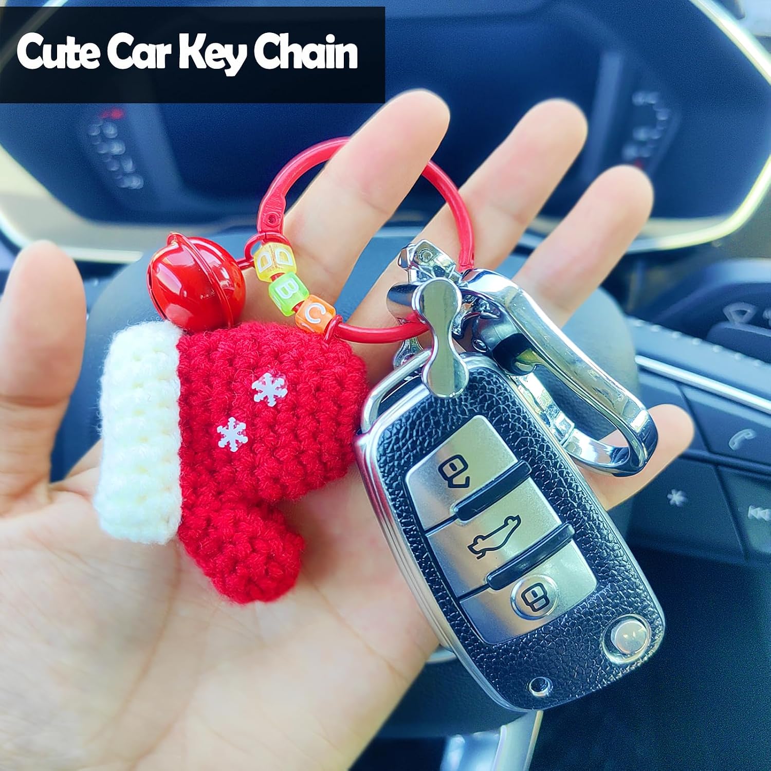 Cute Santa Claus Car Keychain, Crochet Santa Hat Car Accessories Key Ring, Christmas Wreath with Bell Bag Decoration image 3
