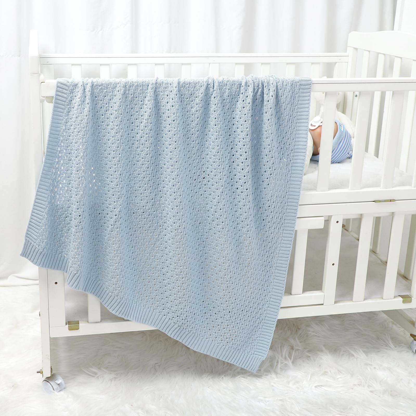 mimixiong 100% Cotton Knitted Cellular Baby Blanket for Boy Girls (Baby Blue) - Image 3