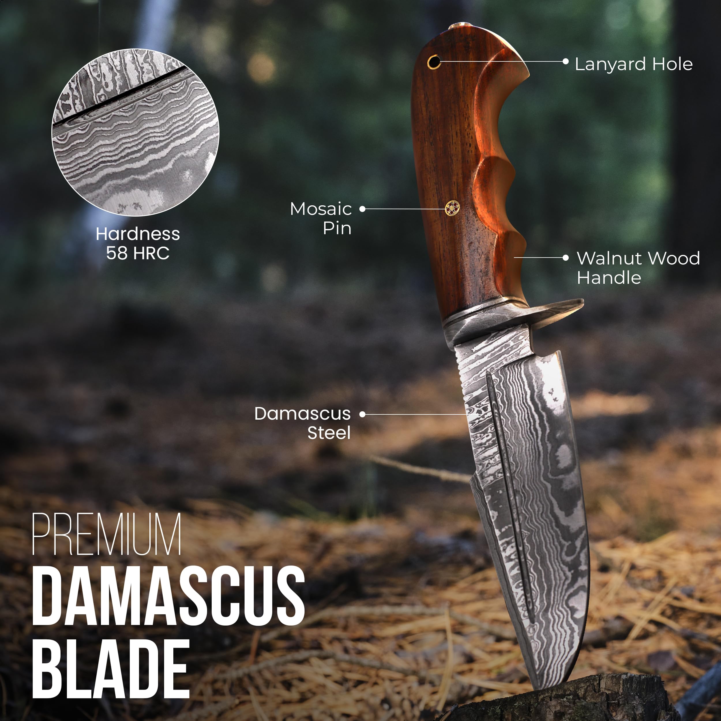 Messer Outdoor, Outdoor Messer, Halsmesser - Feststehende Klinge, 14 CM Damaststahl, Walnussholzgriff, Härte über 58 HRC, Lederscheide, Einfach zu schärfen, Schärfe bleibt erhalten, ca. 200 Lagen
