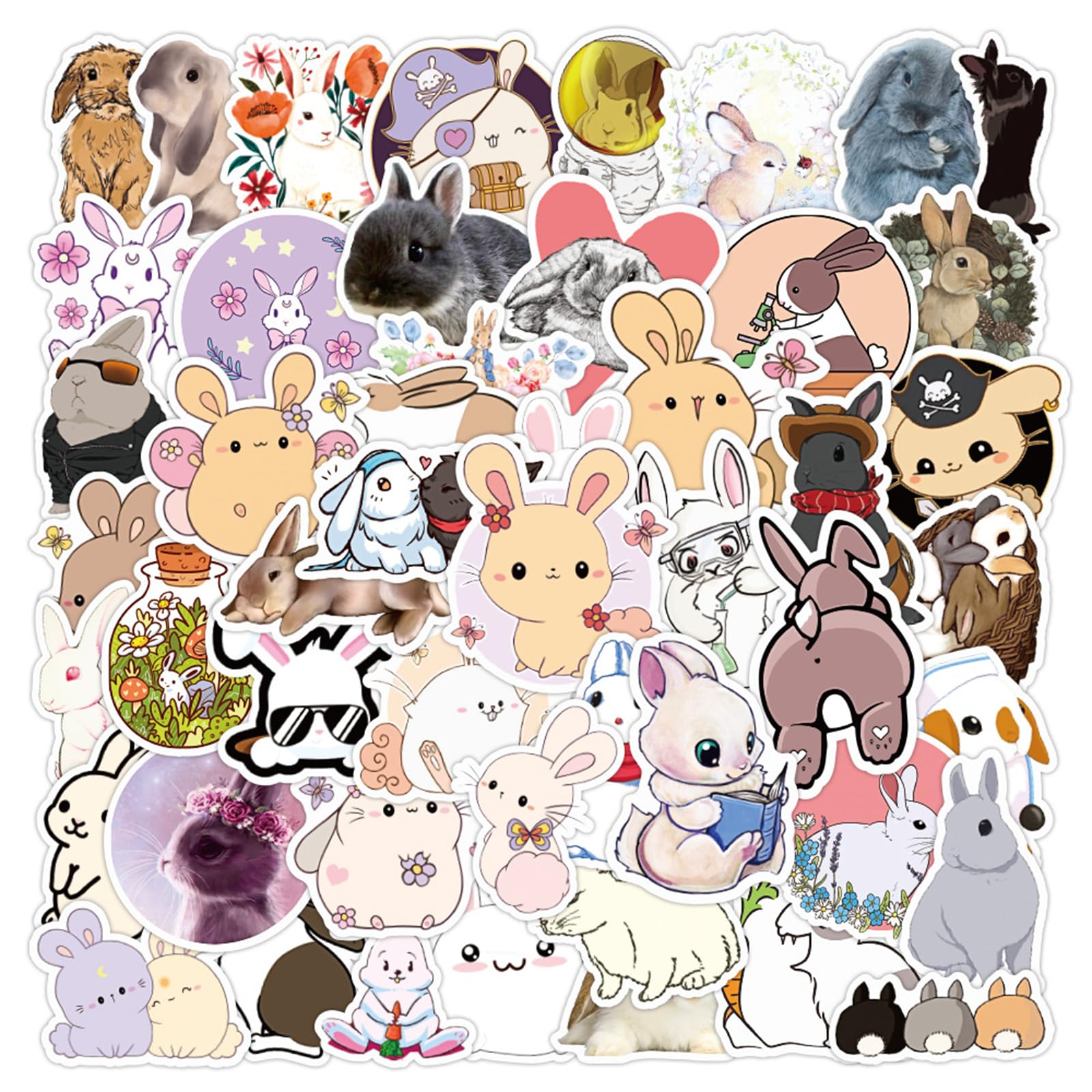 Cute Rabbit Stickers Easter Bunny Sticker for Kids Teens Kawaii Cartoon Rabbit Sticker 50PCS for Water Bottles Luggage Scrapbook, Vinyl Waterproof Stickers for Kids Rewards