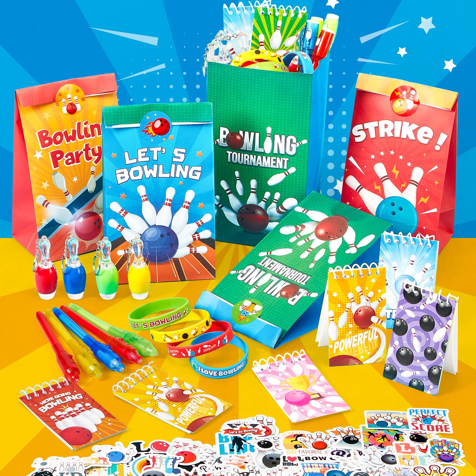 Toyssa 90 Stück Bowling Party Mitgebsel Kindergeburtstag mit UV Stift & Notizbuch Geschenktüten LED-Schlüsselanhänger Silikonarmband, Bowling Pinata Give Aways Gastgeschenk Kindergeburtstag Kinder