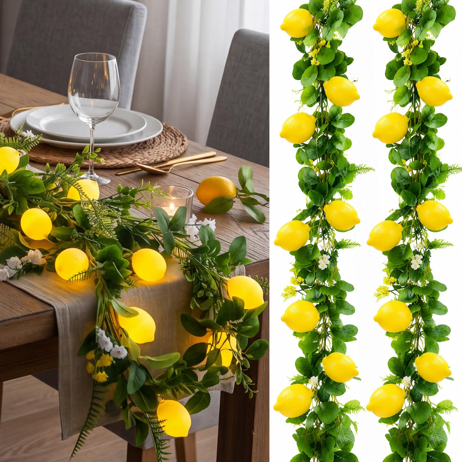 Baquler 2 Stück 3D-LED-Lichterkette, batteriebetrieben, Frühling, Sommer, künstliche Obstgirlande, Glühbirnen mit Zweigen, Blättern, Lichterketten für Hochzeit, Party, Tischdekoration, Zitronenblüte