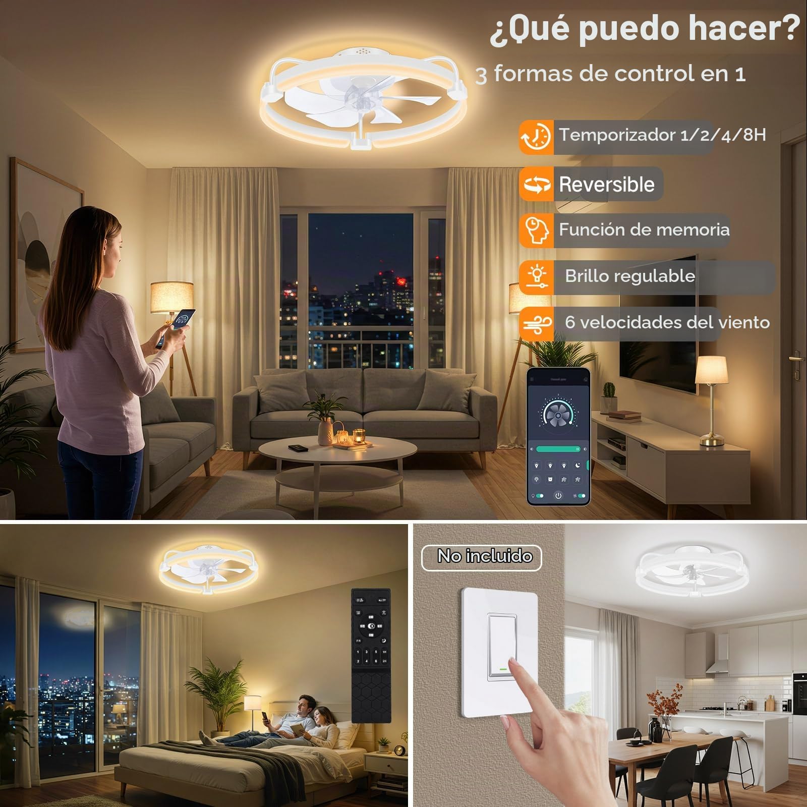 OUTON 50cm Ventilador de Techo con Luz, Control Remoto y App, Blanco | Regulable 3000K-6500K, 6 Velocidades Reversibles, Temporizador, Memoria, Lampara Ventilador Techo para Comedor Dormitorio
