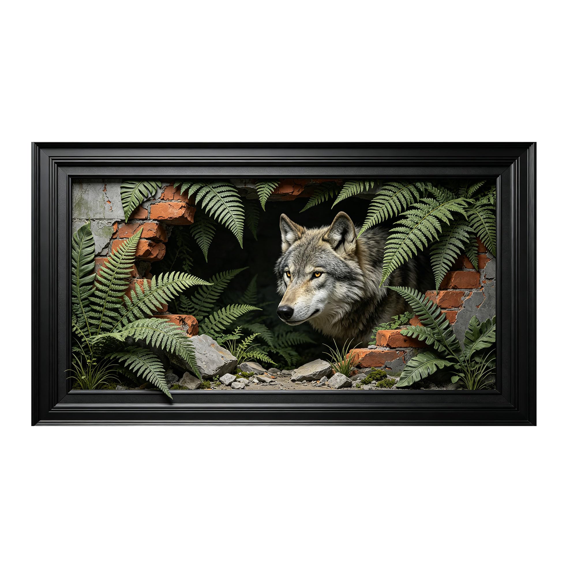 Murasolite 3D Framed Wall Art Wolf Jungle Ruins 3D Effect SelfAdhesive Fabric Mural Wall Decor， Peel and Stick No Damage to Wall， AntiFall Safe Design for Bedroom Living Room