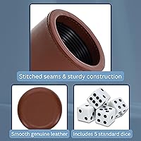 Vista 4 de WE Games Professional Handmade Cognac Brown Leather Dice Cup Set, Comes with 5 Standard Game Dice & Cloth Bag, Dice Roller for Liars Dice Farkle &