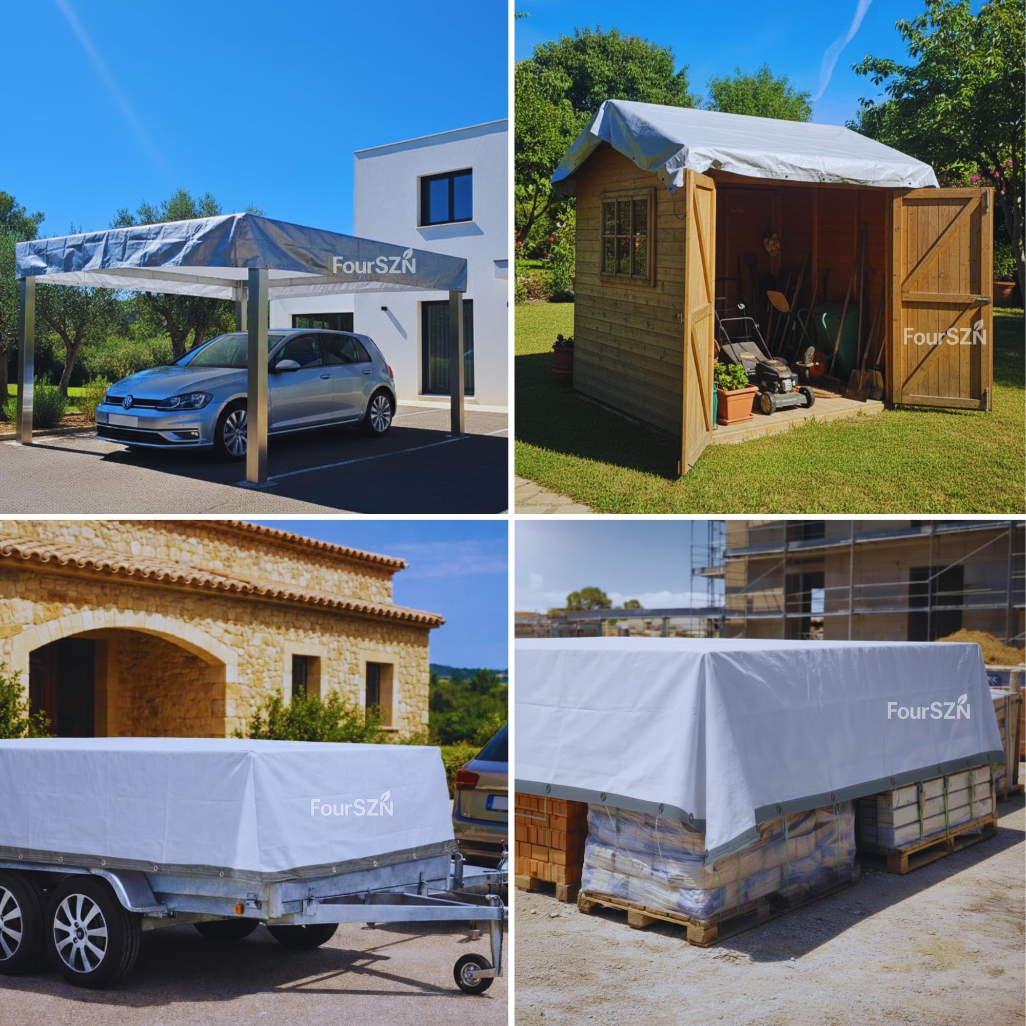 Lona Impermeable Exterior Reforzada 300 g/m², Toldo de Protección PE Doble Cara con Ojales de Aluminio y Cuerda Incluida, Resistente a Rayos UV y Lluvia para Jardín, Piscina, Coche y Leña 4x4m