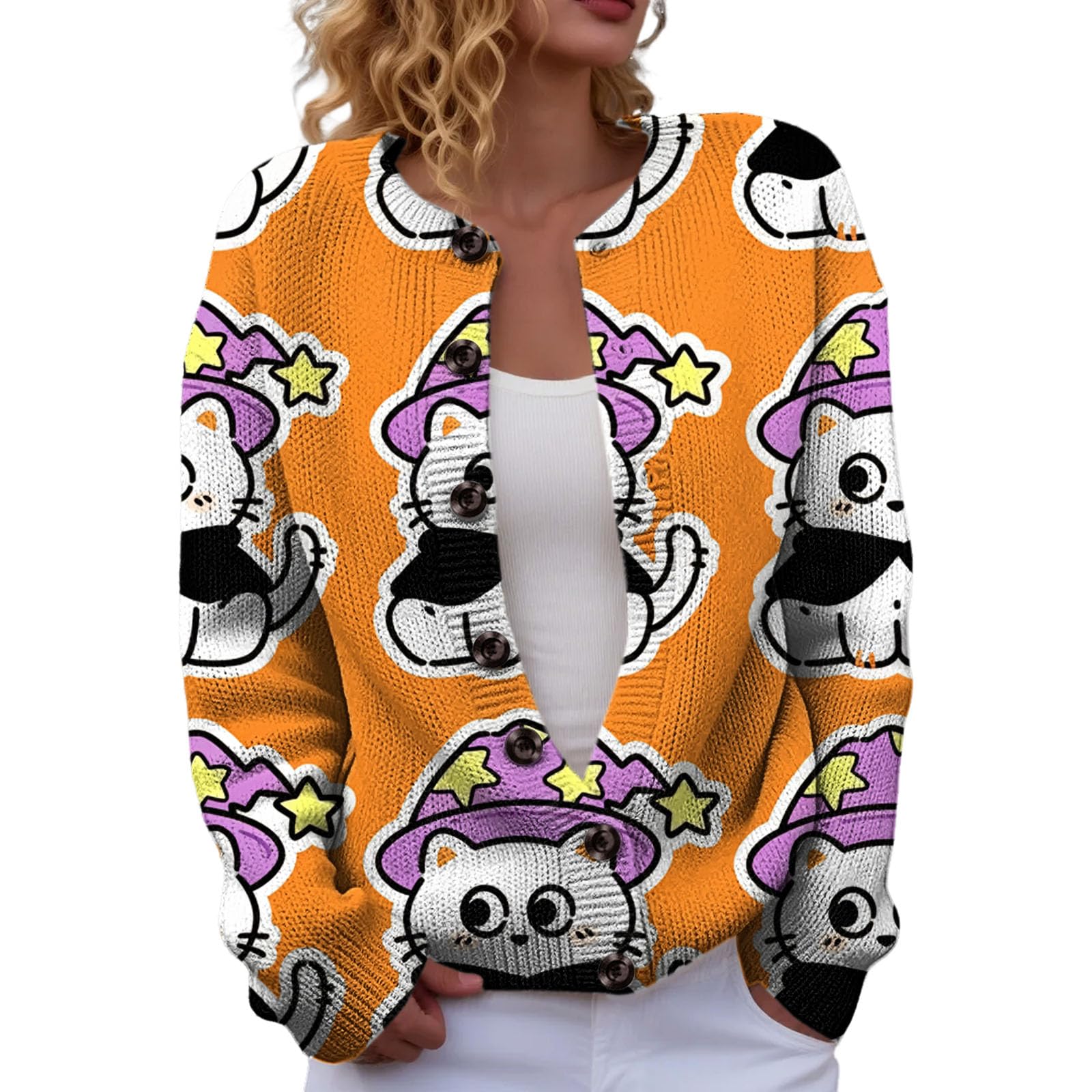 Generisch Maglione stampato, a maniche lunghe, da donna, casual, comodo, elegante, per autunno e inverno, oversize, aperto sul davanti, con cerniera
