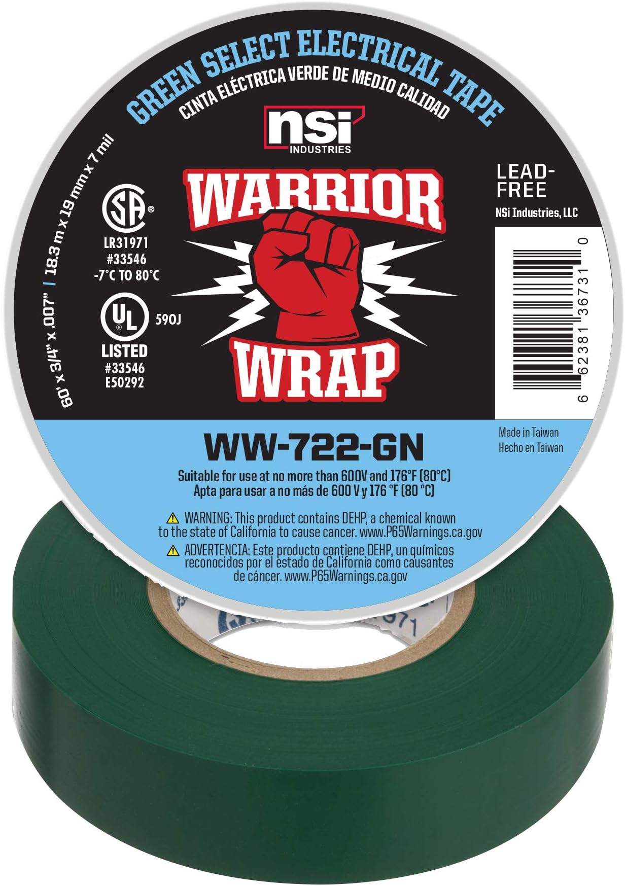 Industries WarriorWrap Select 3/4 in. x 60 ft. 7 mil Vinyl Electrical Tape, Green (WW-722-GN)