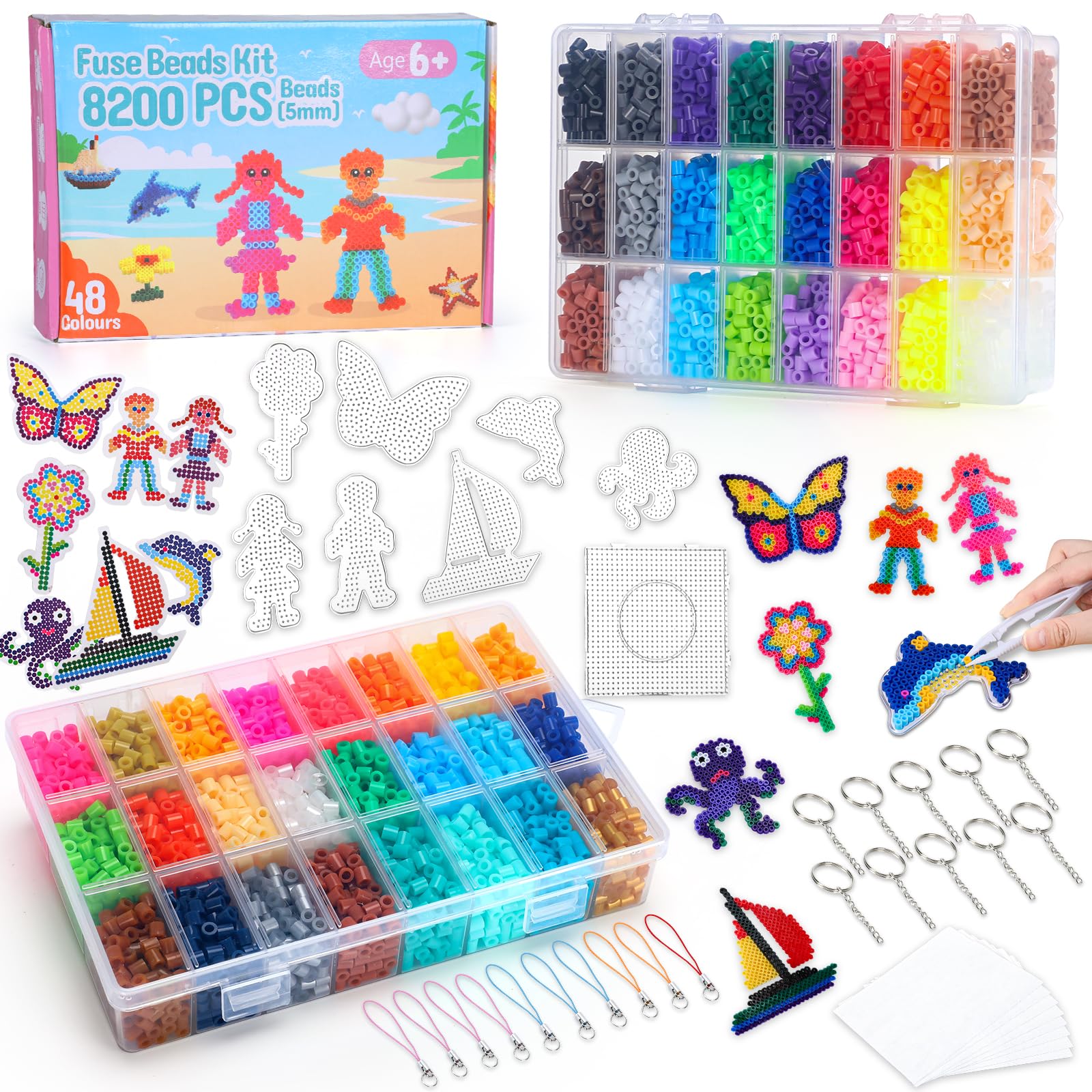 Vynyqoo Boys 48 Colours Fuse Beads Set, 8200Pcs 5Mm Iron Beads With Pegboards, Ironing Paper, Keyrings, Tweezers – Diy Arts And Crafts Toy For Stress Relief, Gift For Kids, & Girls