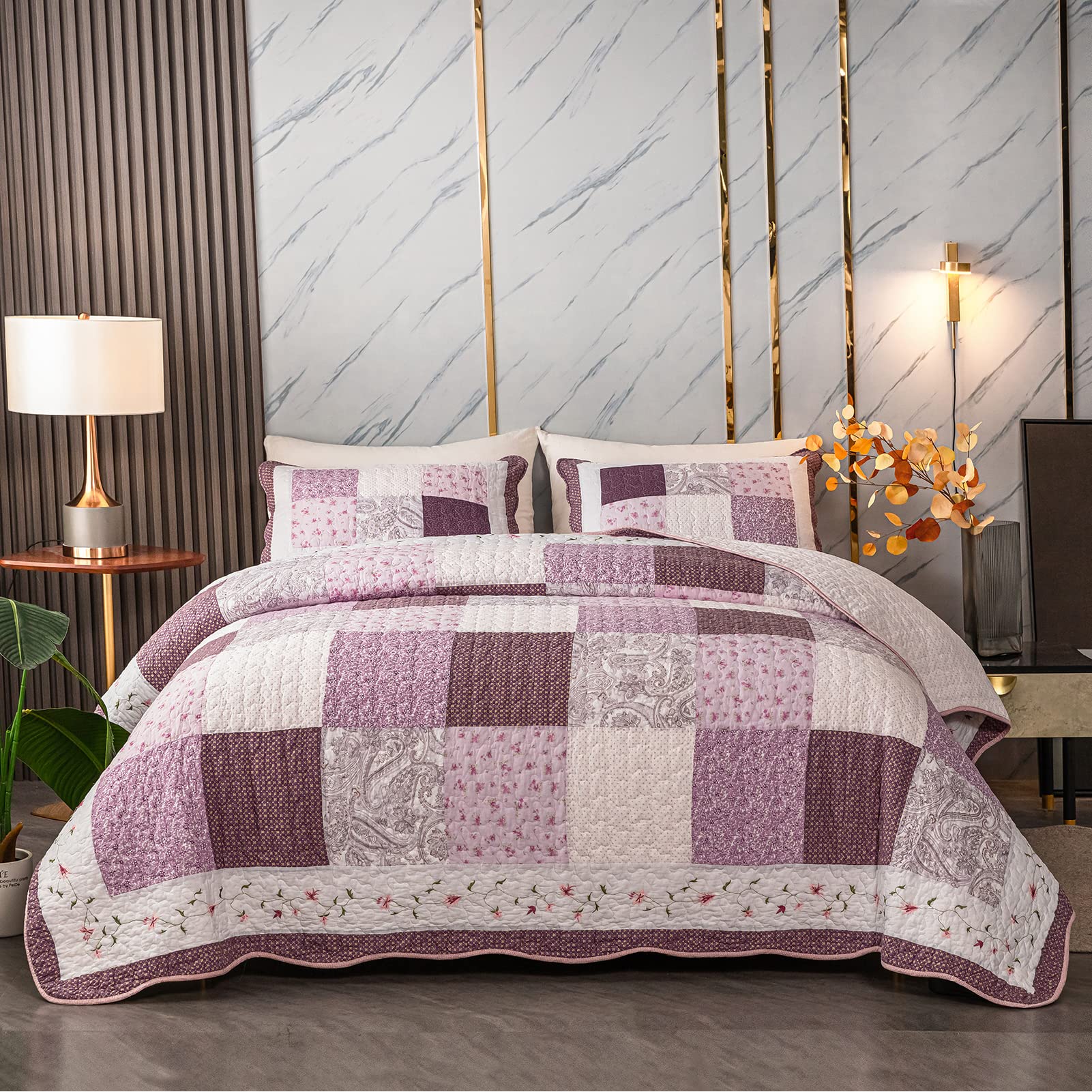 Buy YPLWOMEN Quilts Queen Size, 100Cotton Queen Quilt Set, Light Purple Lavender Floral Queen