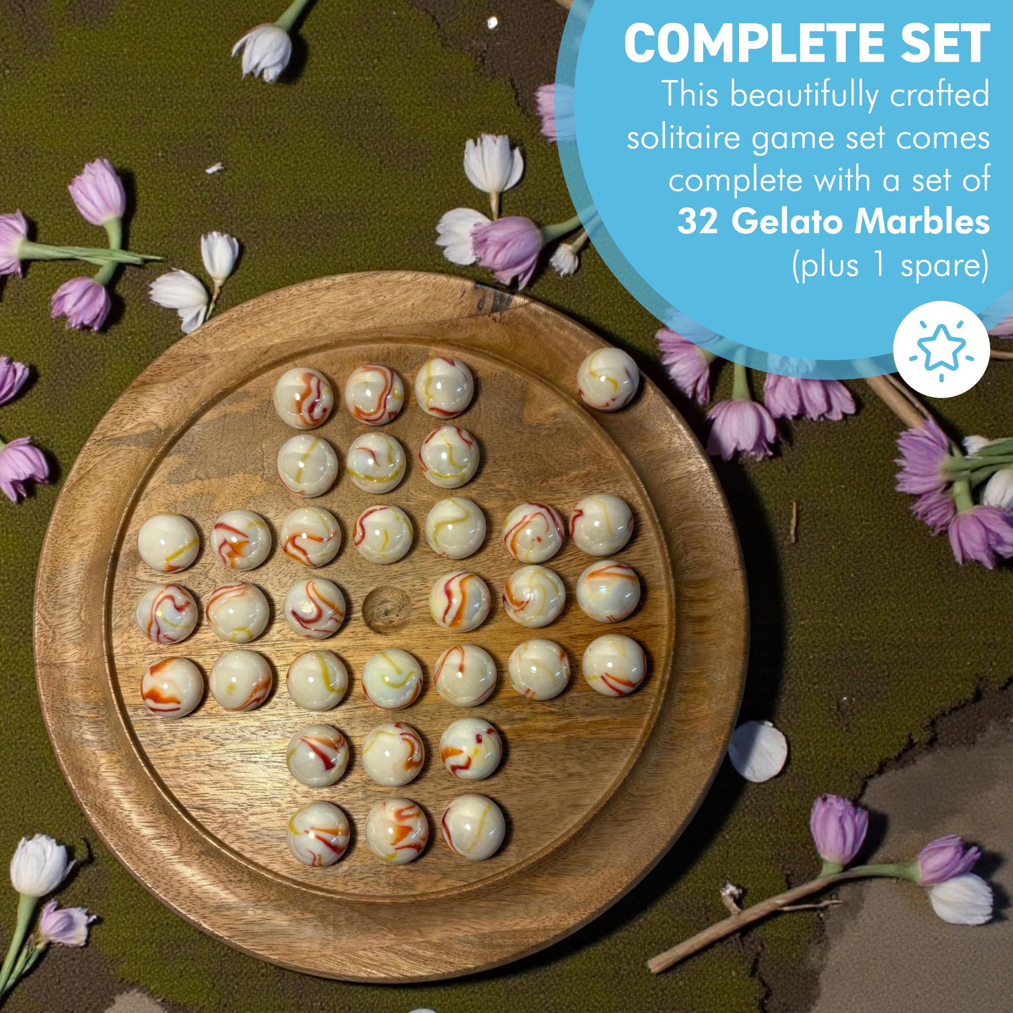 Jeu de société solitaire en bois de mangue de 30 cm de diamètre avec marbres de crème glacée | | jeu de solitaire classique en bois | jeu de société de stratégie | jeu de société familial | jeux pour