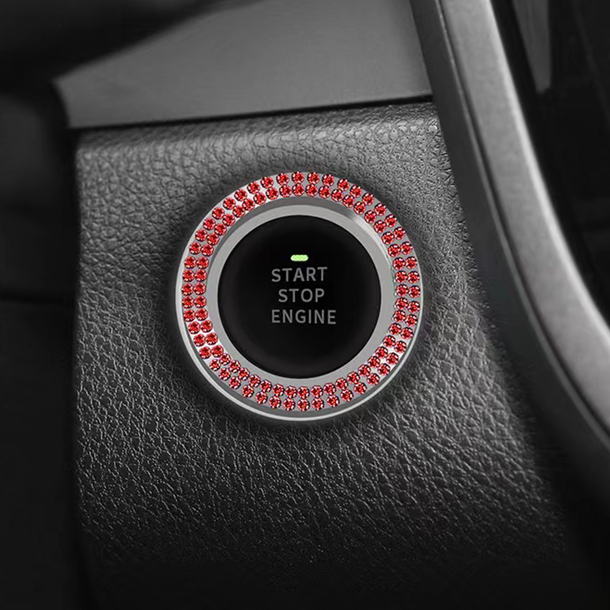 Shering Bling Car Crystal Rhinestone Ring Emblem Sticker, Chrome Metal, Universal Fit, Car Accessory, Ignition Cover, Red