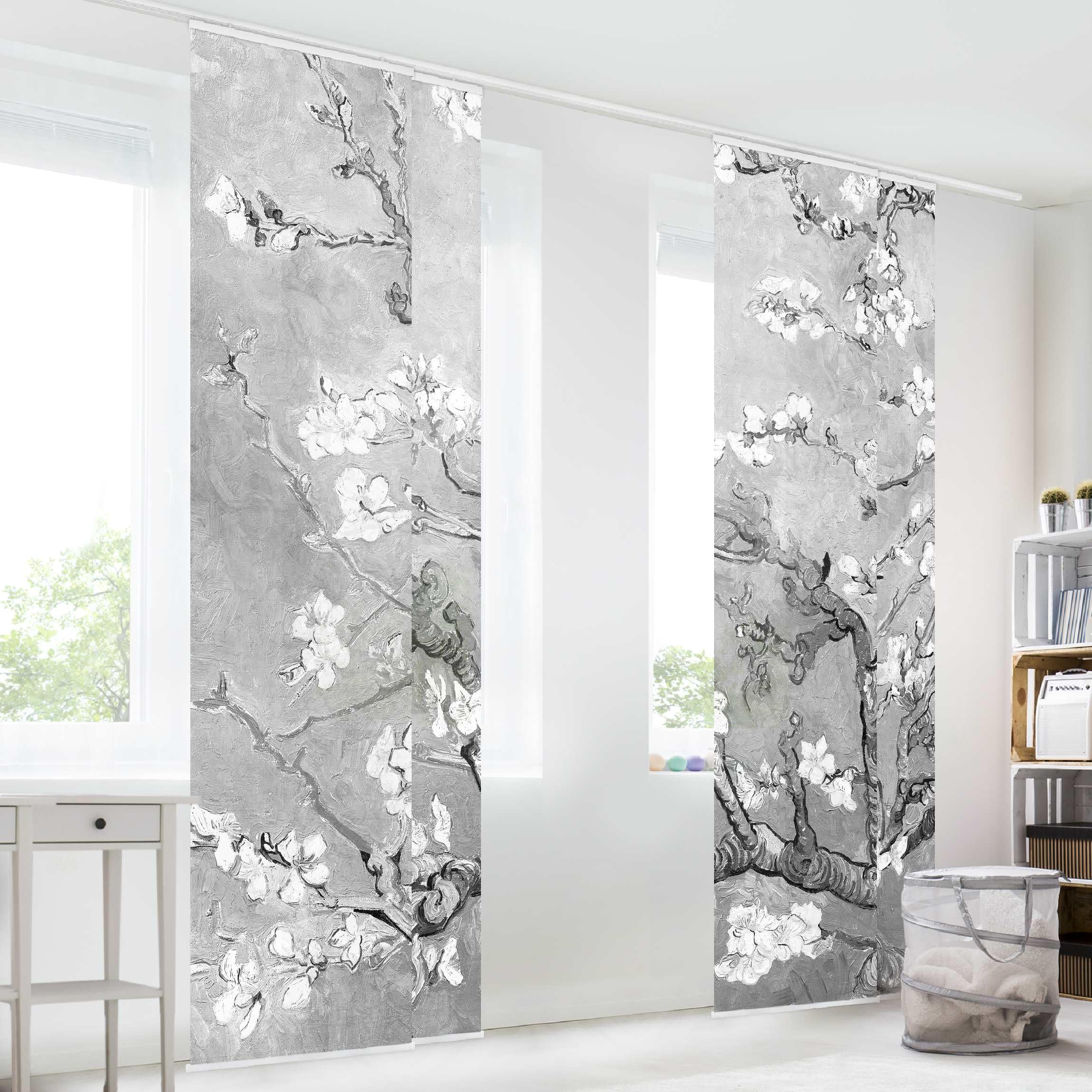 Schiebegardine halbtransparent 60er Paneel Klett Blumen Textil lichtdurchlässig - Motiv Modern Flächenvorhang grau Wohnzimmer Schlafzimmer 2524 (240x250 cm - 4er Set)