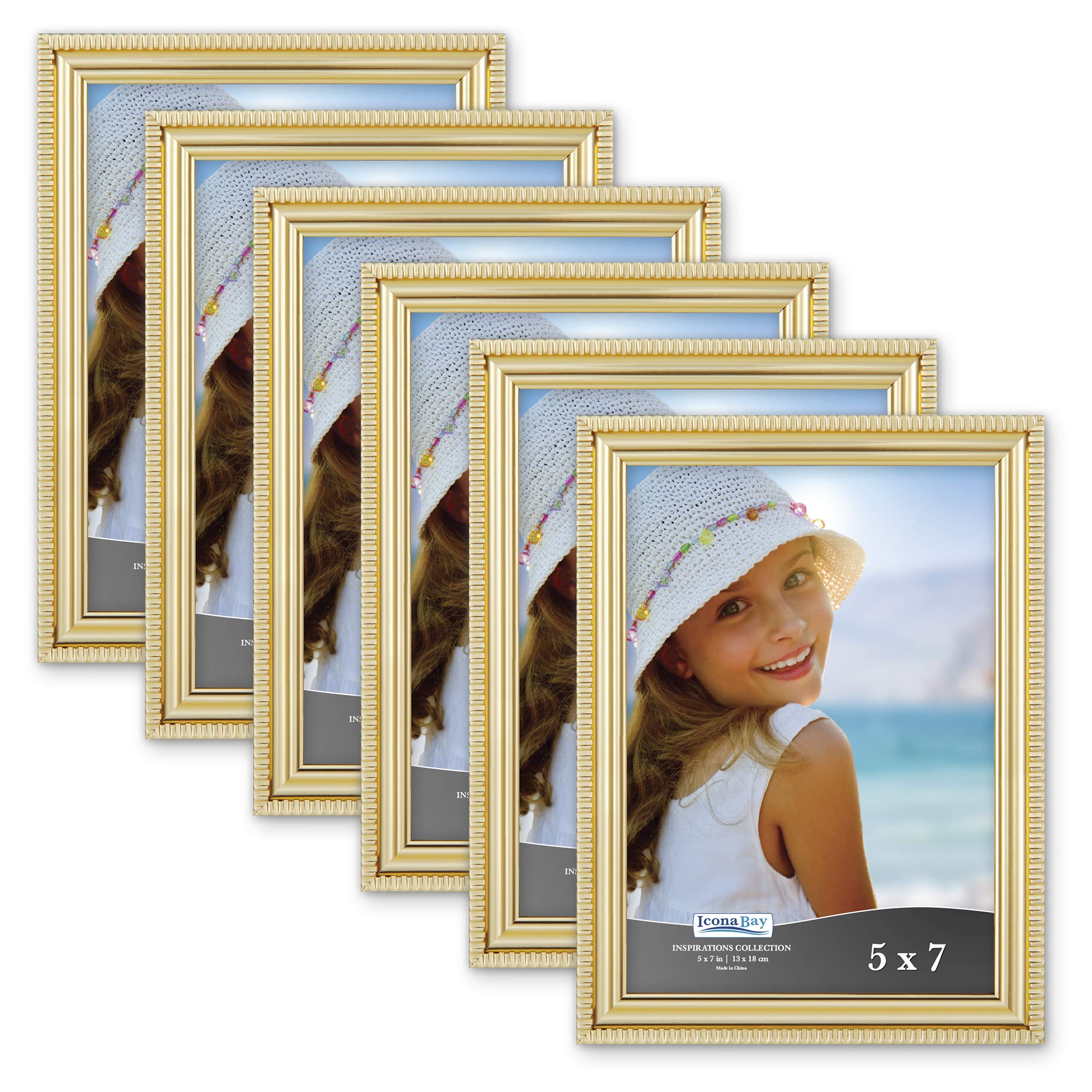 Icona Bay - 7x5 inch Picture Frames - Gold, 6 Pack - Beautifully Detailed Moulding - Contemporary Picture Frame Set - Wall Mount or Table Top - Inspirations Collection