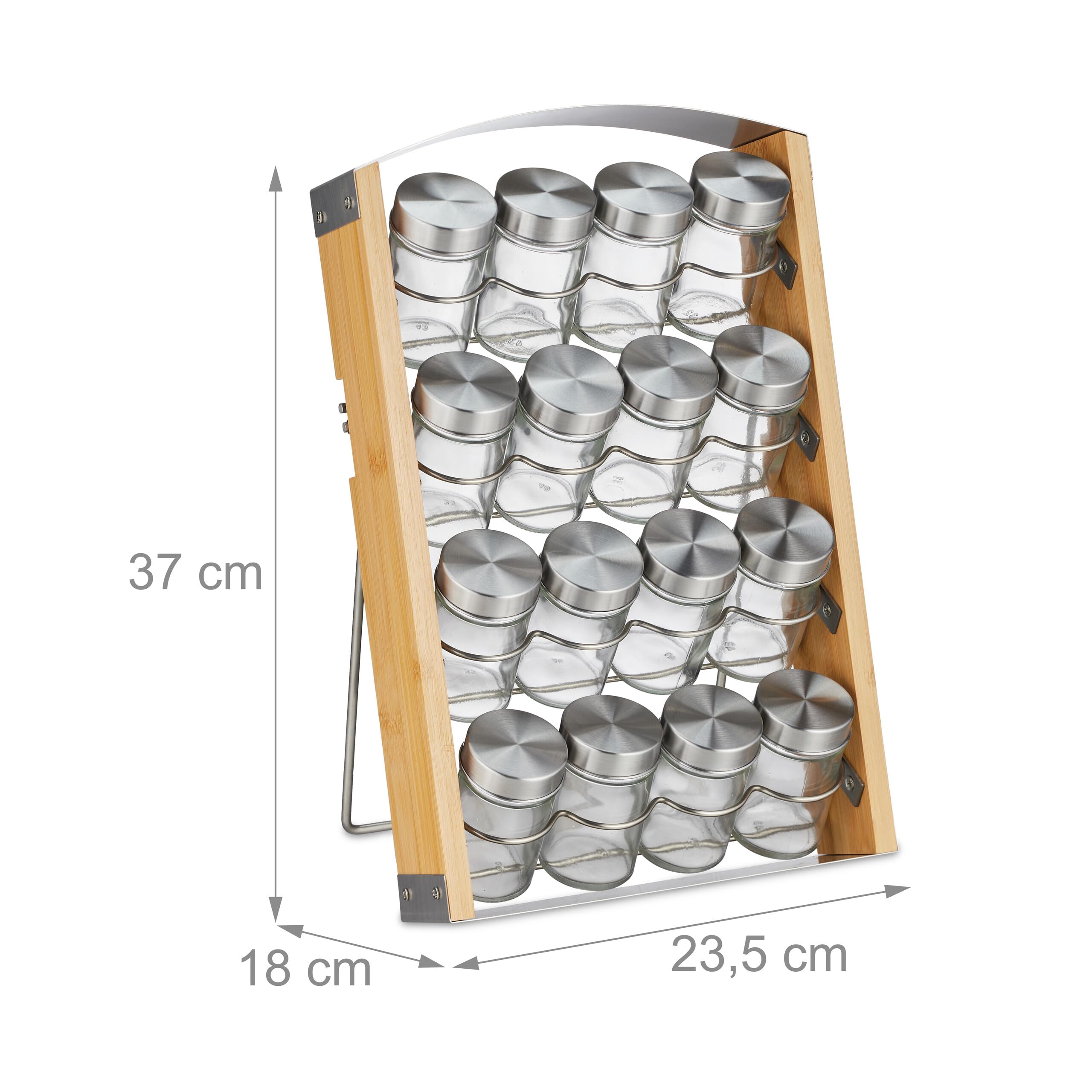 Relaxdays Soporte Especiero con 16 Botes, 80 ml, Organizador Especias Bambú, Tarros Rellenables, 37x23,5x18 cm, Natural/Plateado, Acero Inoxidable, 37 x 23.5 x 18 cm