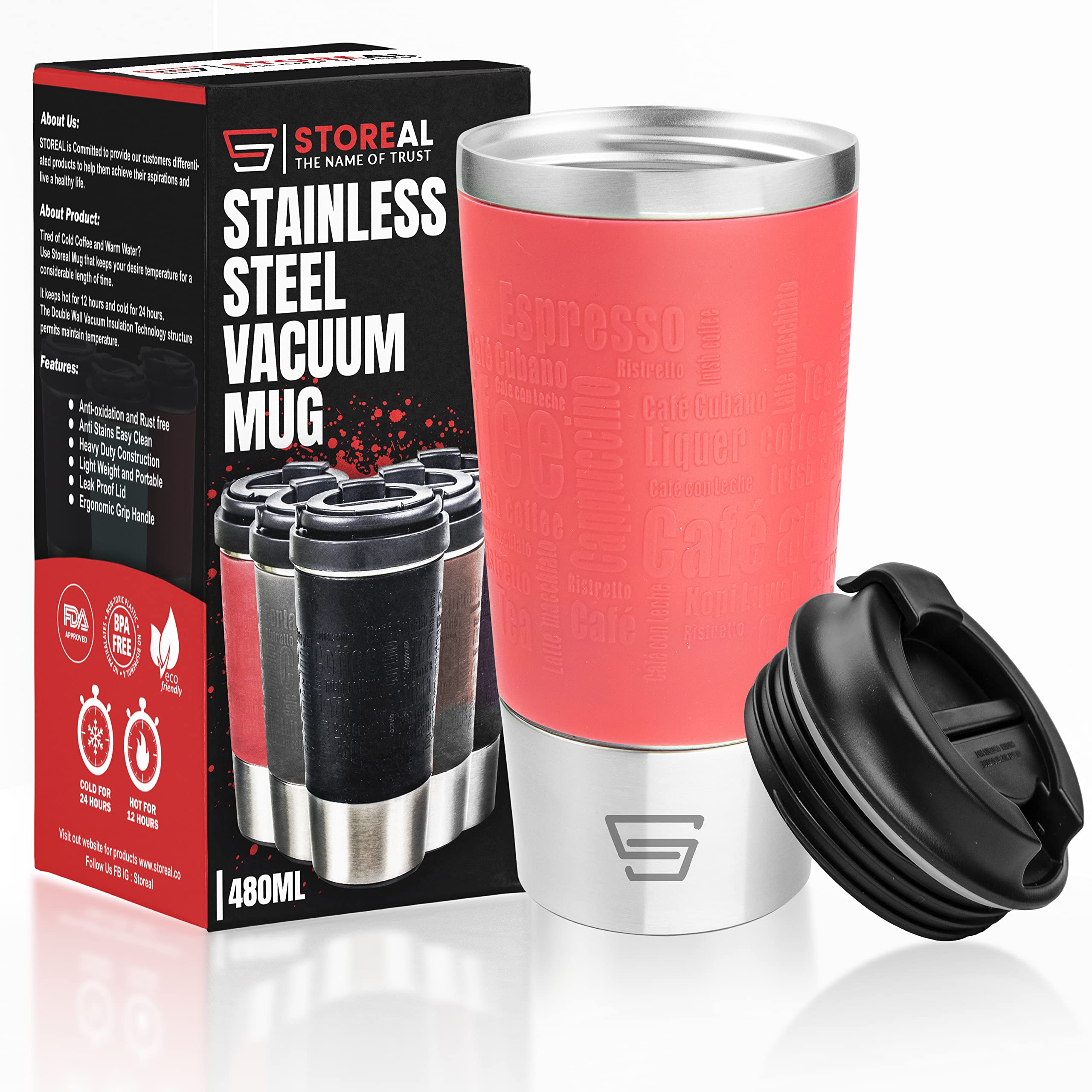 STOREAL Thermal Coffee Mug Leak-Proof 480ml Tumbler, Vacuum Insulated Stainless Steel Travel Coffee Mug, Double walled Coffee Cup thermos for Home Office Outdoor Great for Hot & Ice Drinks