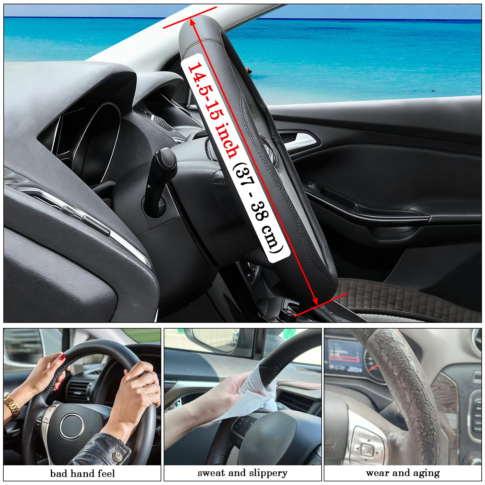 Funda gris para volante de automóvil, piel de napa, bloqueo de color inferior, universal, de 14.5 a 15 pulgadas, antideslizante, transpirable, para hombres y mujeres