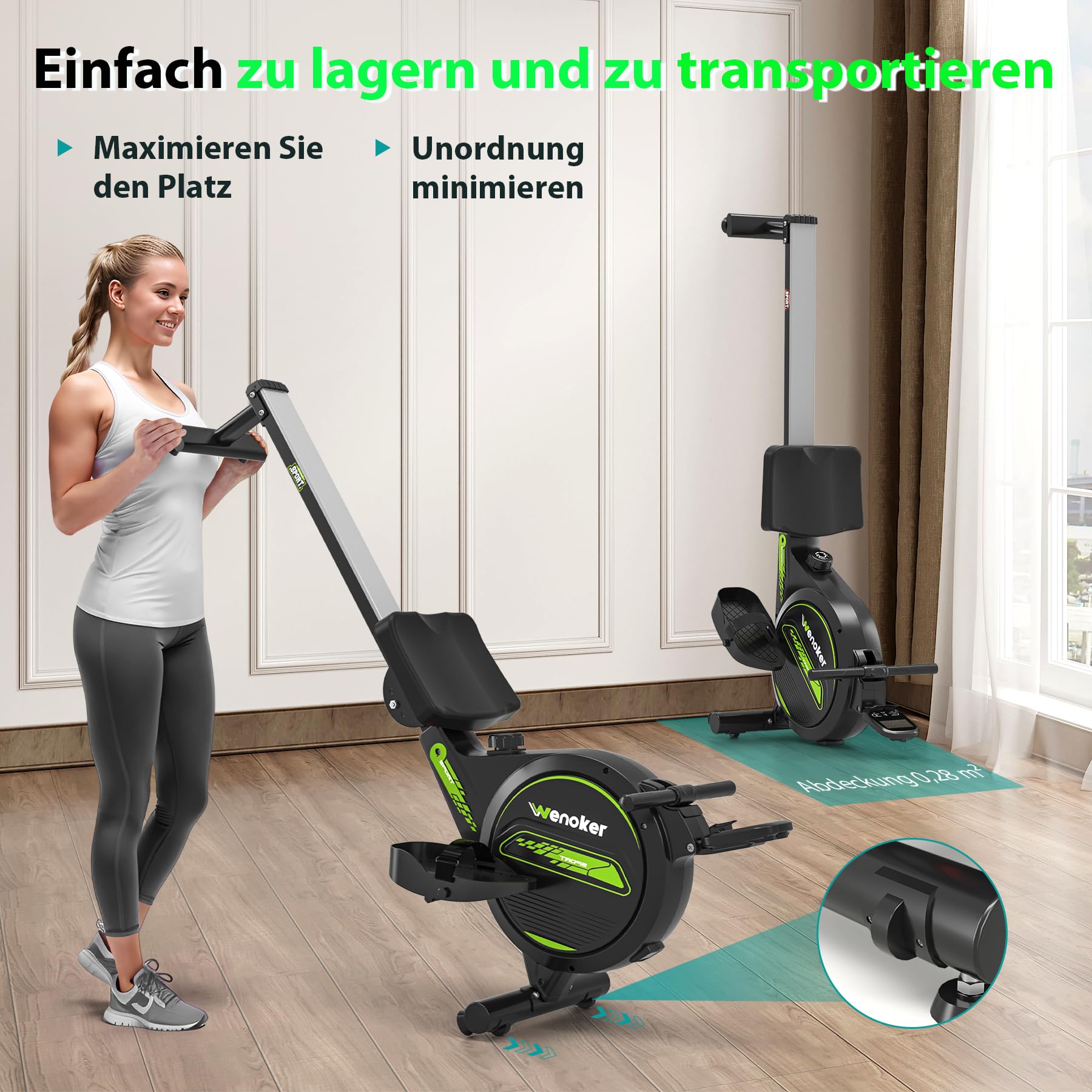 WENOKER Magnetisches Rudergerät für Zuhause: <30dB Leises Fitnessgerät für Wohnungen, hochkant gelagert & Platzsparend mit 160kg Tragkraft, App-Anbindung (Kinomap) & 16 Widerstandsstufen