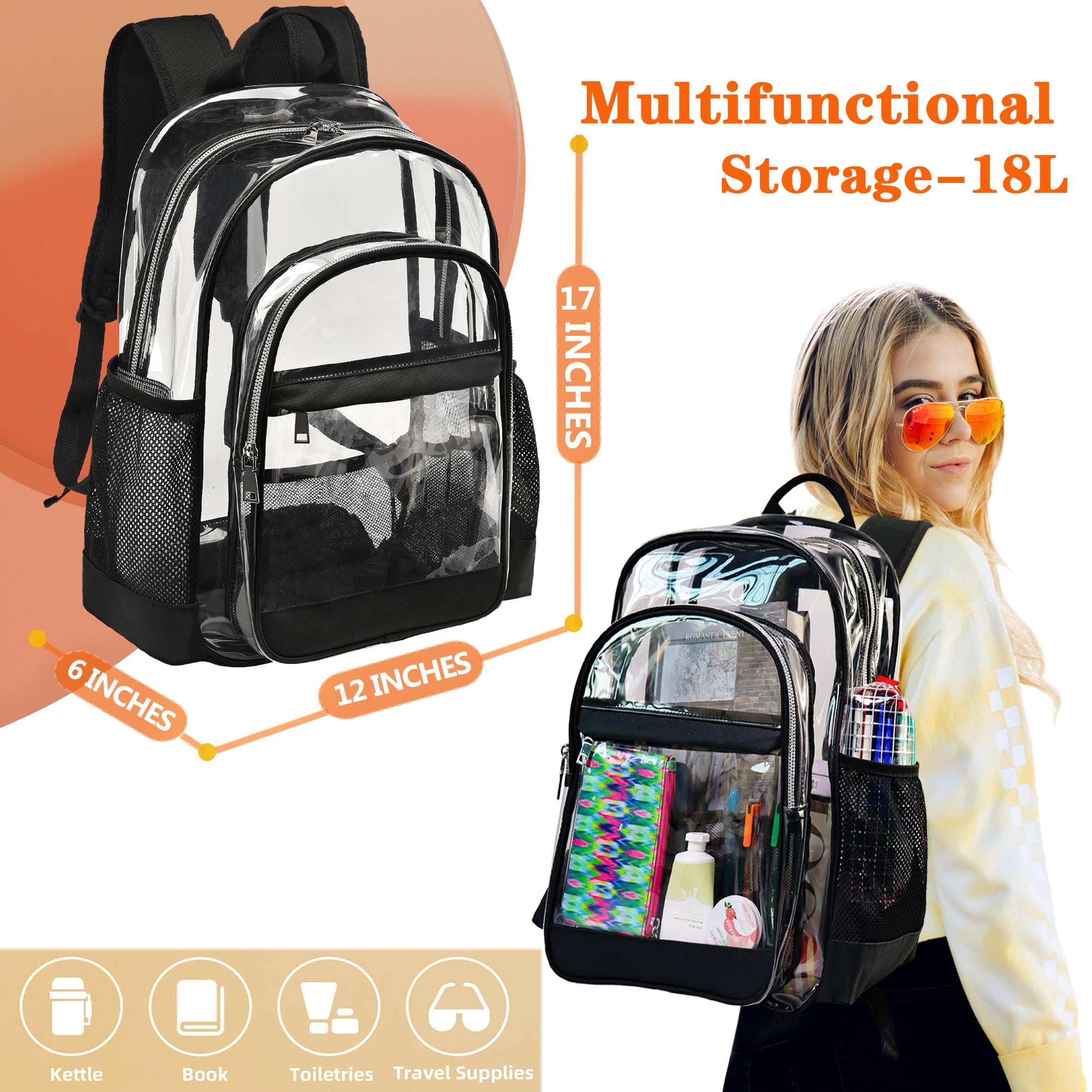 Zaino trasparente resistente – Grande borsa trasparente per scuola, università, lavoro, viaggi e sicurezza, Viola chiaro, Large, Zaino trasparente