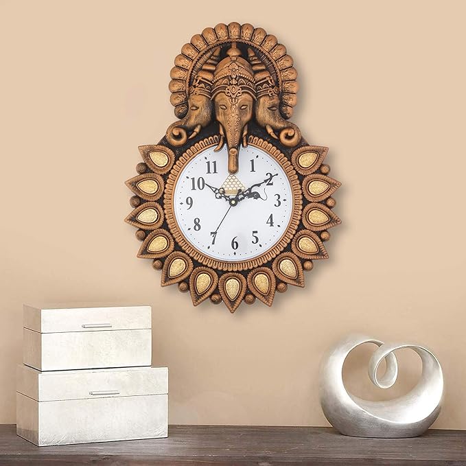 Webelkart Designer Lord Ganesha Plastic Religious Theme Wall Clock for Home/Living Room/Bedroom/Kitchen- 17 in, Multicolour (Ganesha Wall Clock) (Copper)