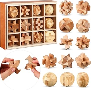 Yilloog 12 Pcs Wooden Puzzles Set Brain Teasers and Educational Games 3D Wood Puzzle to Challenging Puzzles for Adults and Brain Games for Kids Living Room