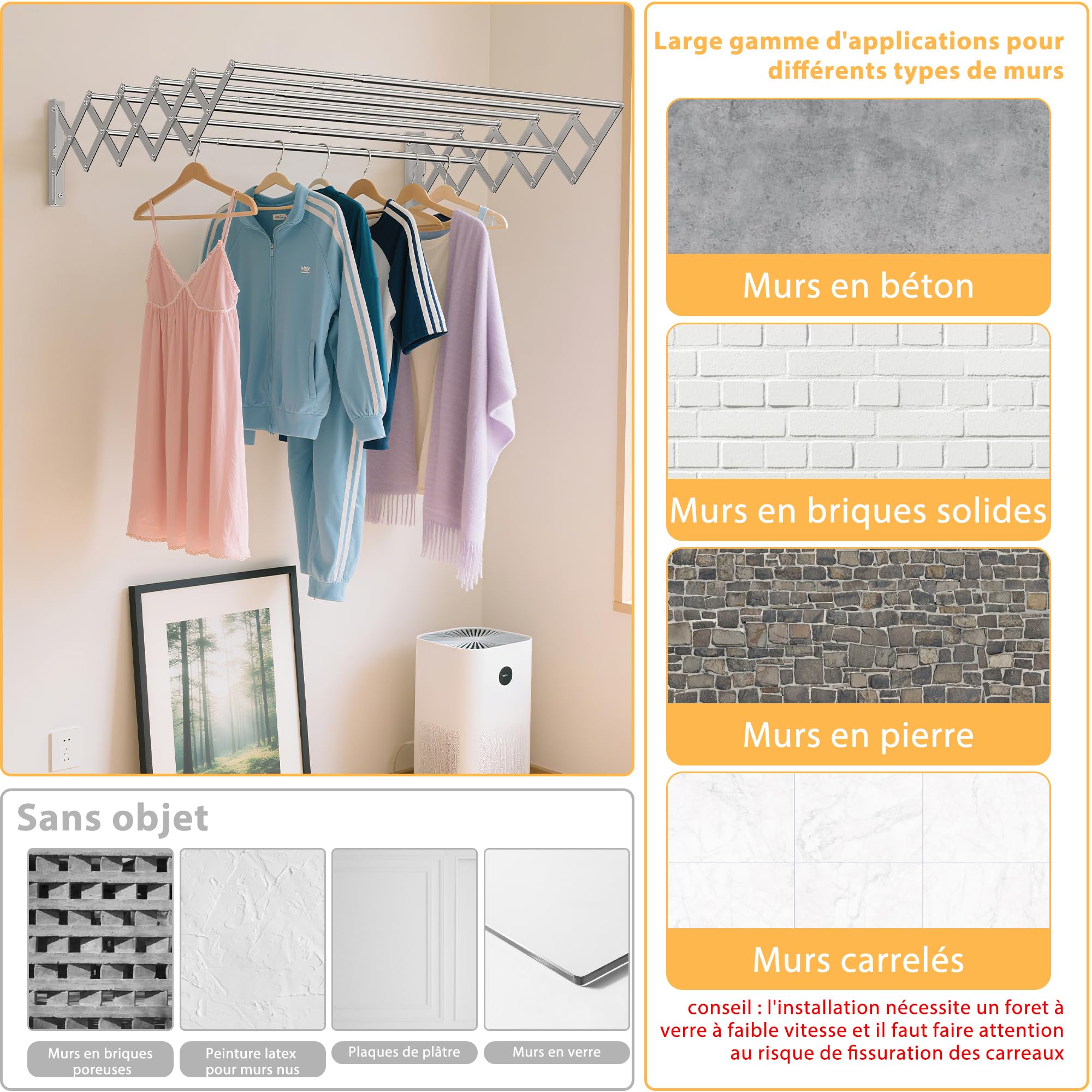 OUUTMEE Étendoir à Linge Mural Pliable, Séchoir à Linge Mural en Acier Inoxydable avec 7 Tiges, Largeur Rétractable: 42-80CM, Porte-Serviettes Suspendu pour Buanderie Salle de Bain, Moyen (Argent)