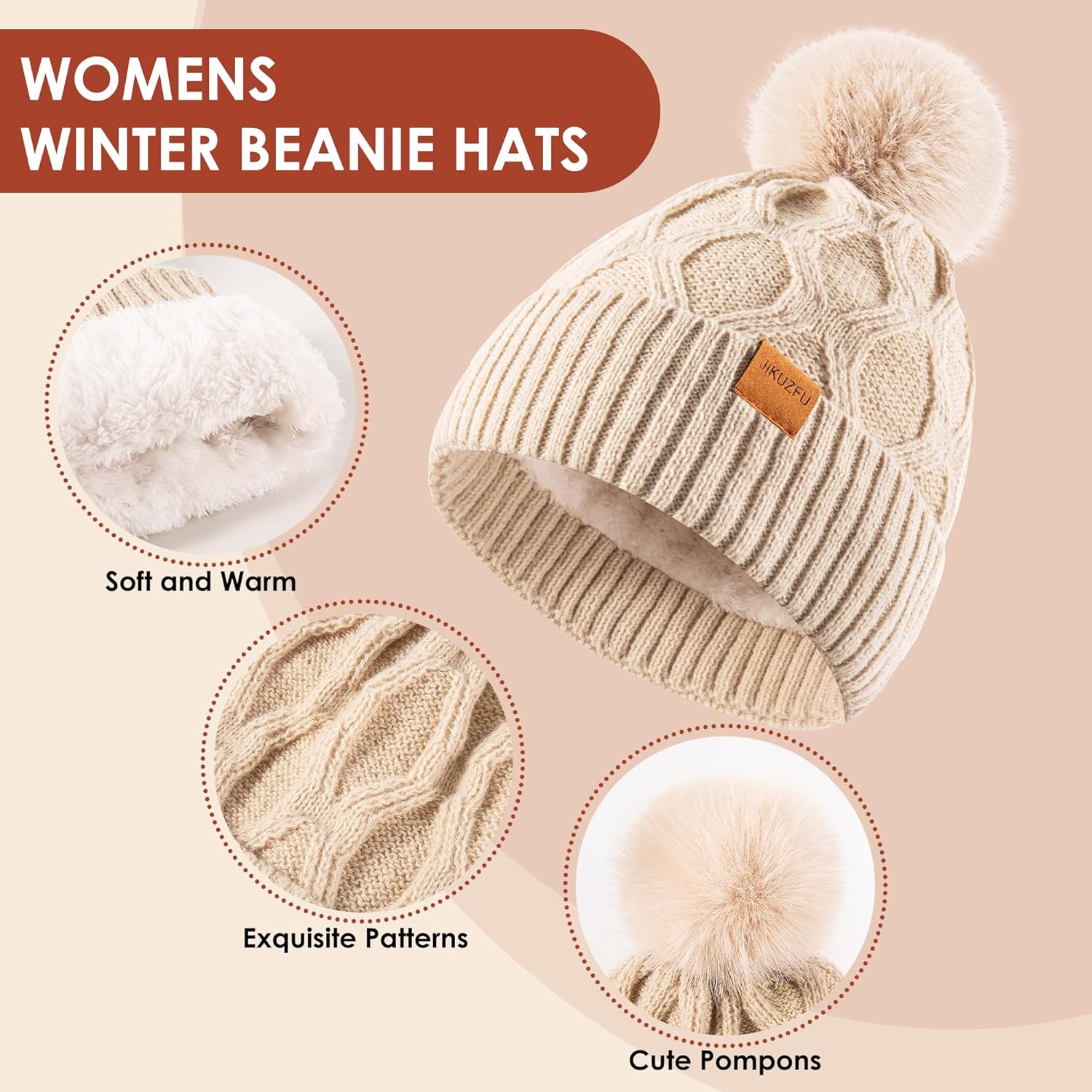 Womens Winter Beanie Hat with Pom Pom,Cute Warm Knit Hat Warm Fleece Lined Knitted Soft Ski Cuff Cap - Image 5