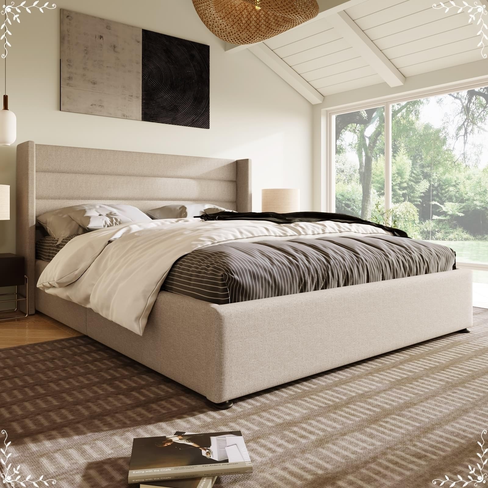 Daesar Letto Matrimoniale Moderno 160x200, Giroletto Contenitore Idraulico con Rete A Doghe In Metallo e Testiera, Letti Imbottiti Cameretta In Lino, Beige (Senza Materasso)