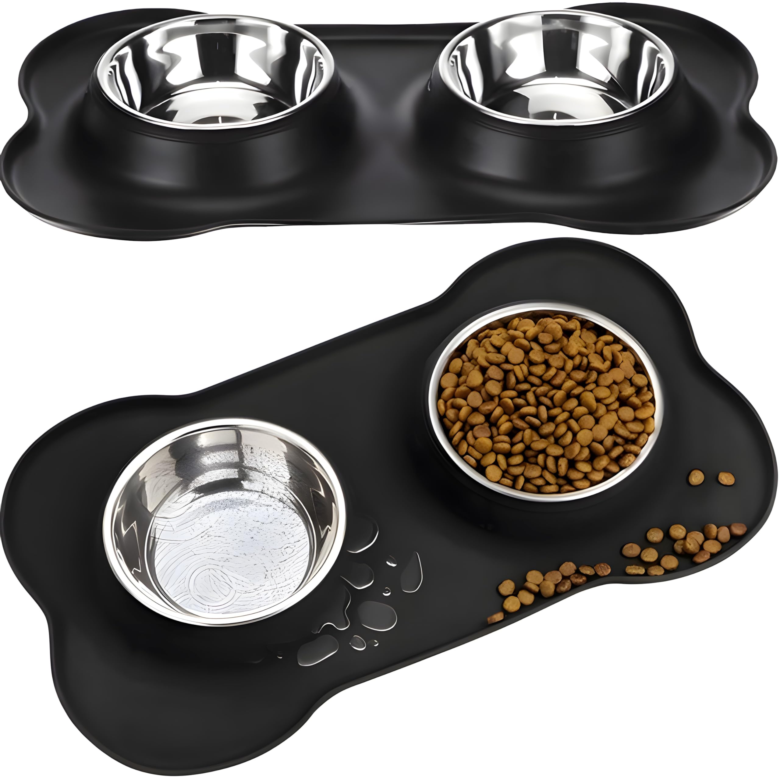 Retoo Doppel Futternapf mit Napfunterlage aus Silikon, Hundenapf Edelstahl 400ml, Rutschfesten Silikon Tablett Matte, Katzennapf, Schüssel Lebensmittel Wassernapf Schwarz
