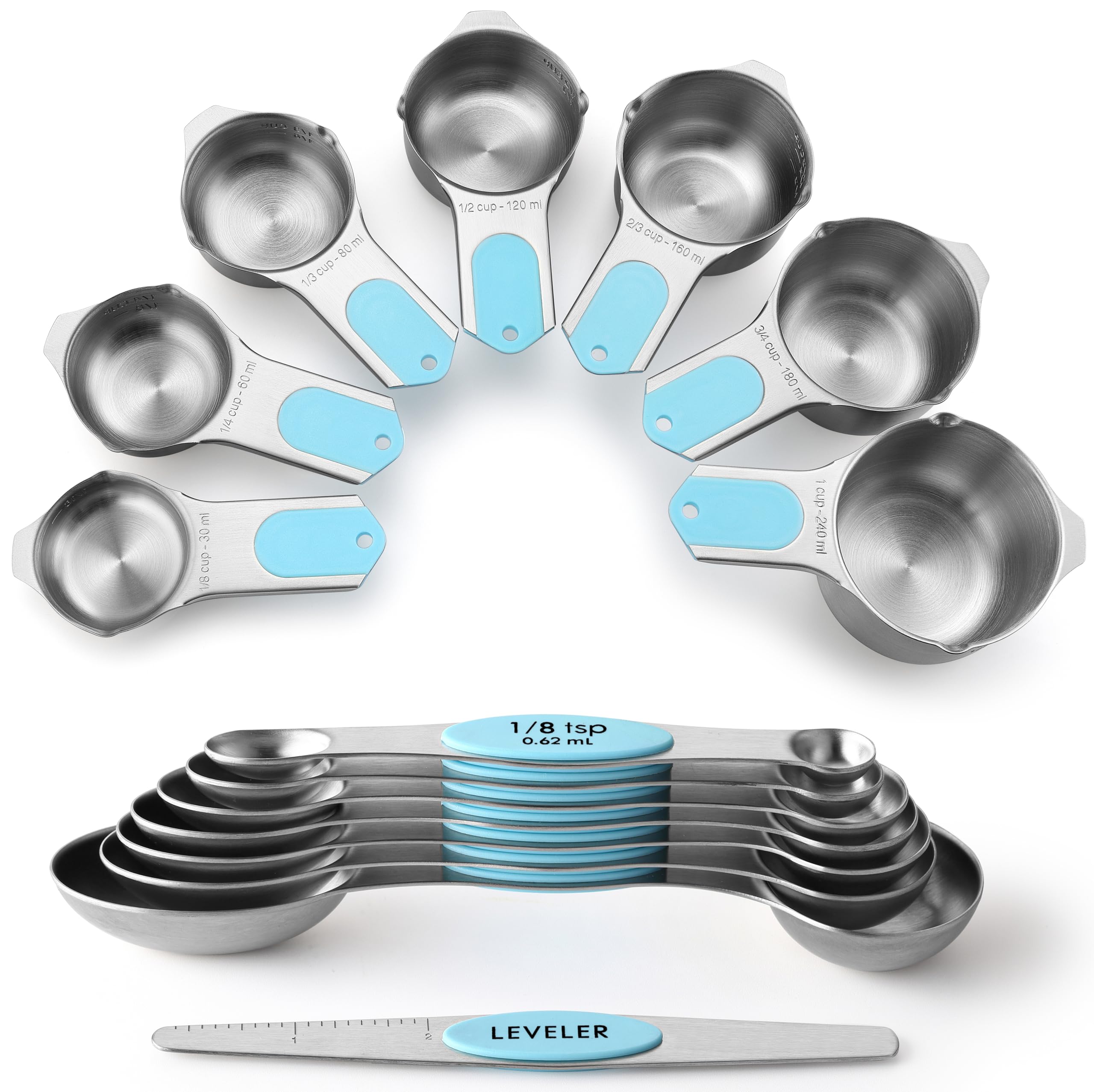 Spring Chef Magnetic Measuring Cups & Spoons Set (Patent Pending), Strong Magnets, Heavy Duty Stainless Steel Fits in Spice Jars for Baking & Cooking, BPA Free, Round Set of 15 with Leveler, Aqua Sky