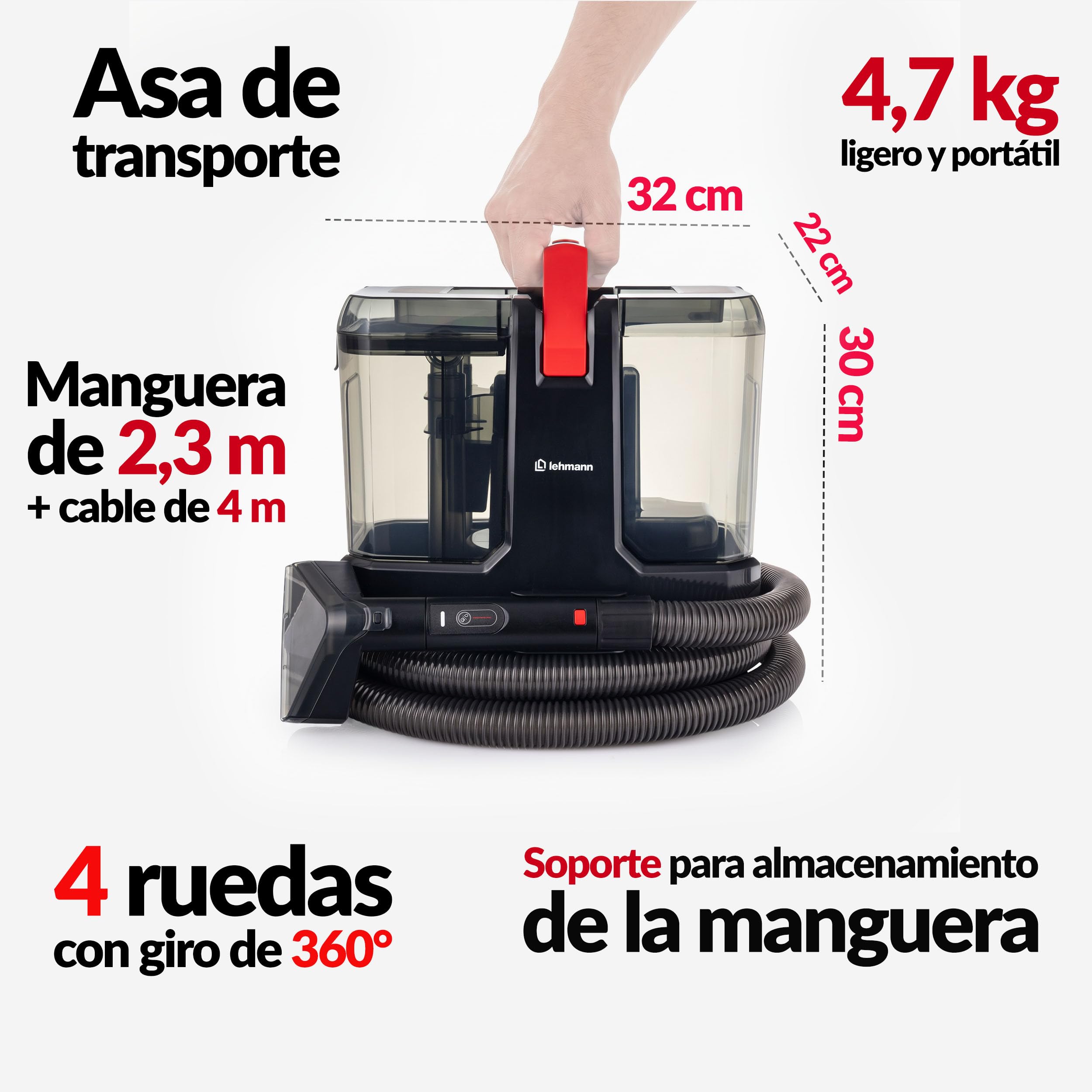 LEHMANN SteamWash 1800 Limpiador de alfombras y vapor 3 en 1, limpiador de tapicería para sofás y alfombras con agua caliente a 60 °C y vapor a 116 °C, potencia de succión de 16 kPa