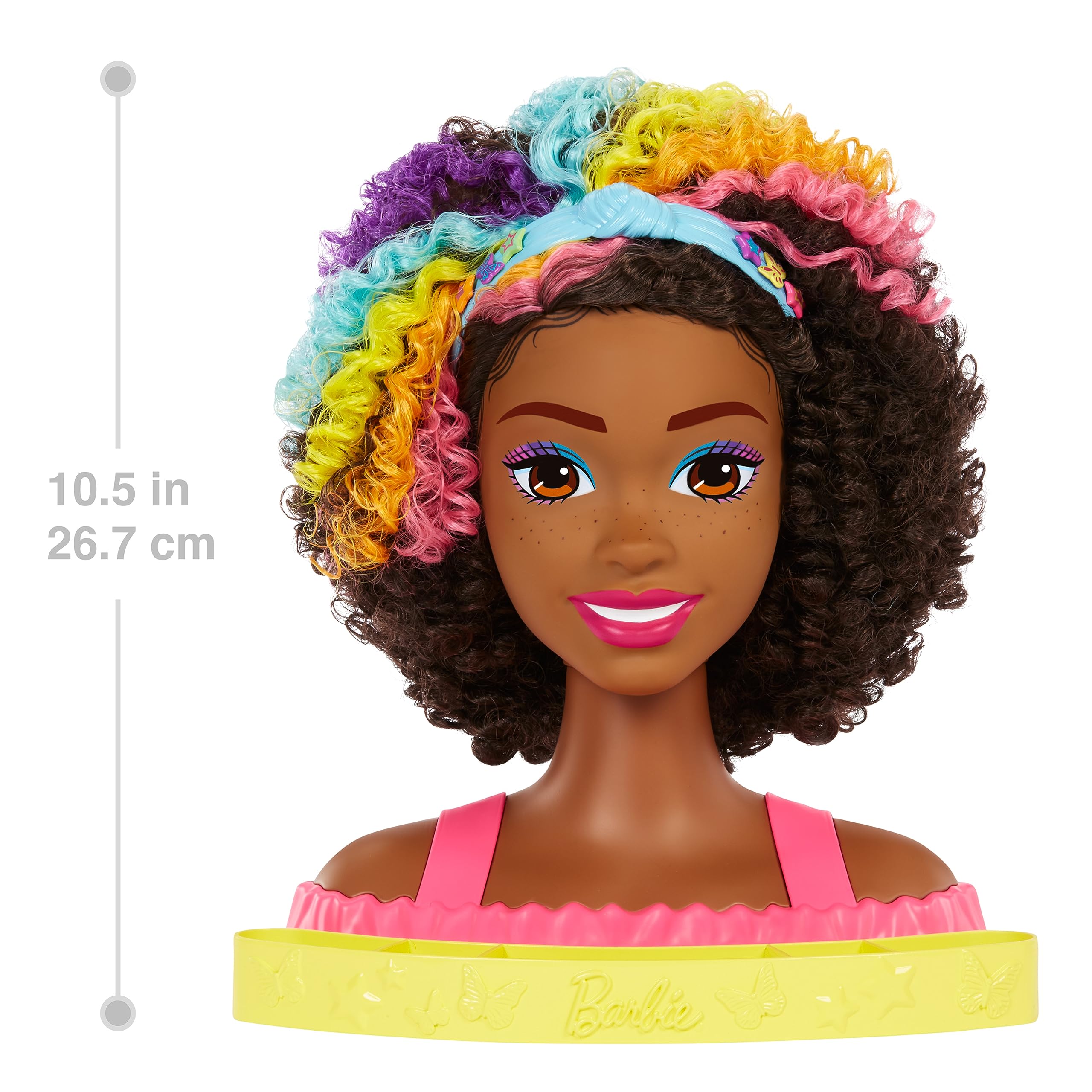 Barbie Głowa do stylizacji Neonowa tęcza Kręcone włosy z neonowo-tęczowymi pasemkami + akcesoria Color Reveal, HMD79