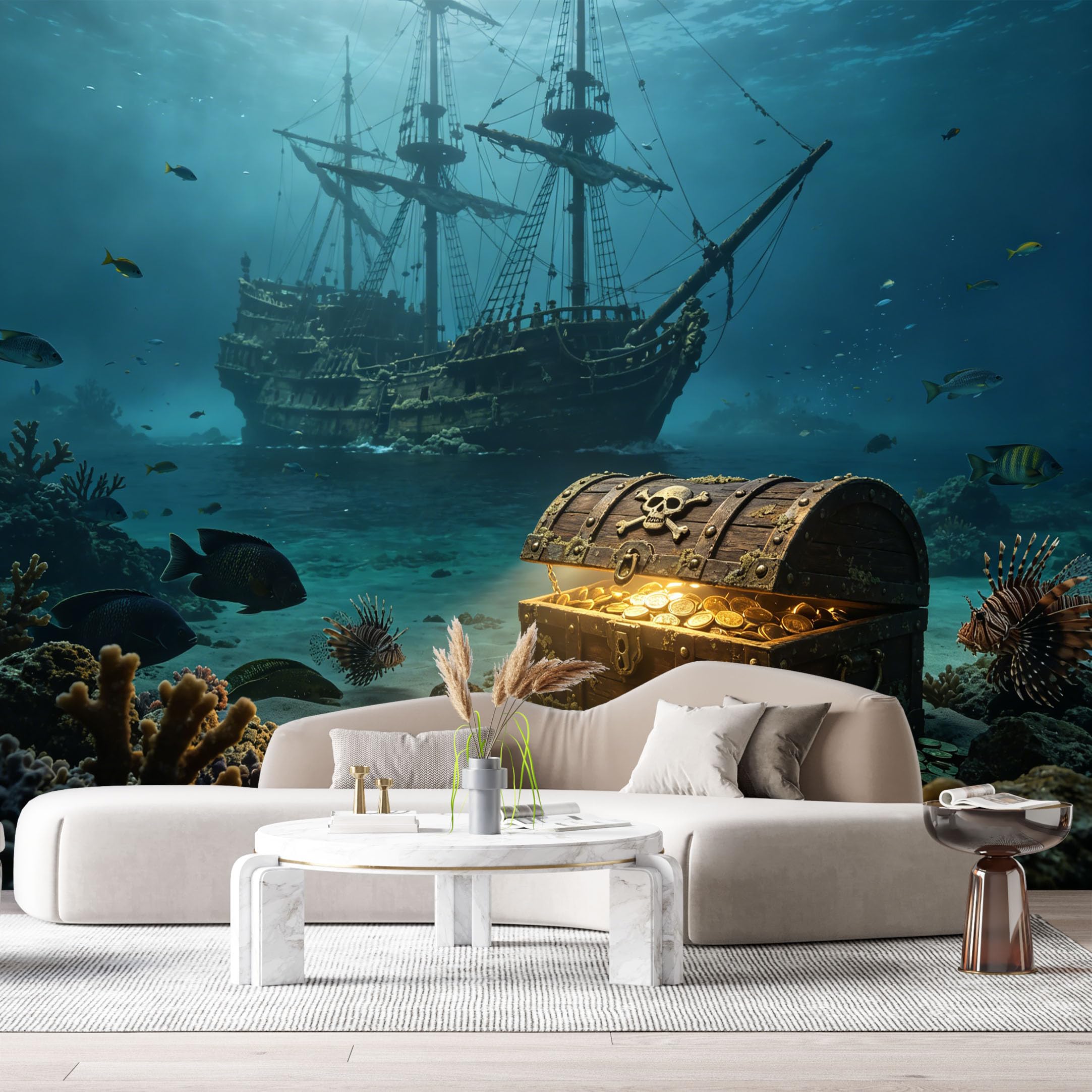 Custom Size Wall Murals Ocean Marine 3D Trompe L'Oeil Sunken Ship Treasure Chest SelfAdhesiveWall Fabric Removable Wallpaper Wall Decor for Living Room Bedroom Bathroom