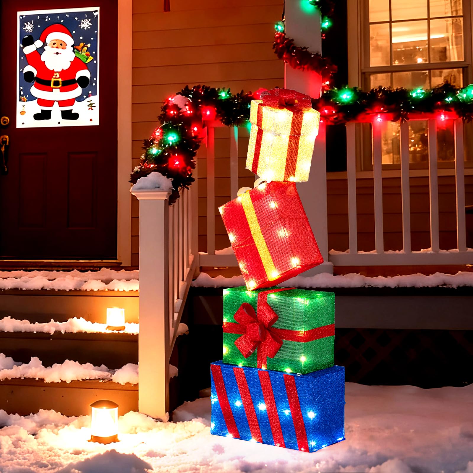 GYMAX Set di 4 Scatole Regalo a LED di Natale, Pacchi Regalo Decorativi con 51 Luci LED Caldi e Fiocchi, Combinazione Flessibile, Decorazione Natalizia Luminosa per Soggiorno, Giardino e Balcone