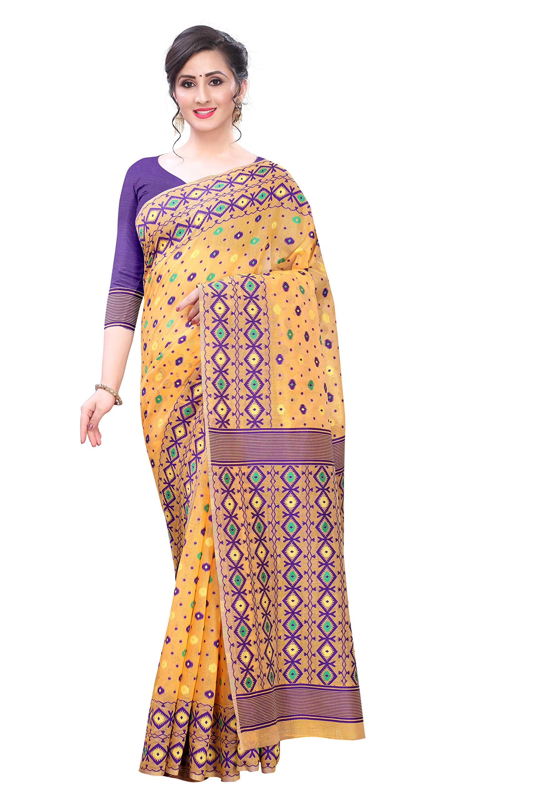 EnthoneWomen's Pure Cotton Jamdani Saree With Unstitched Blouse Piece(Yellow)
