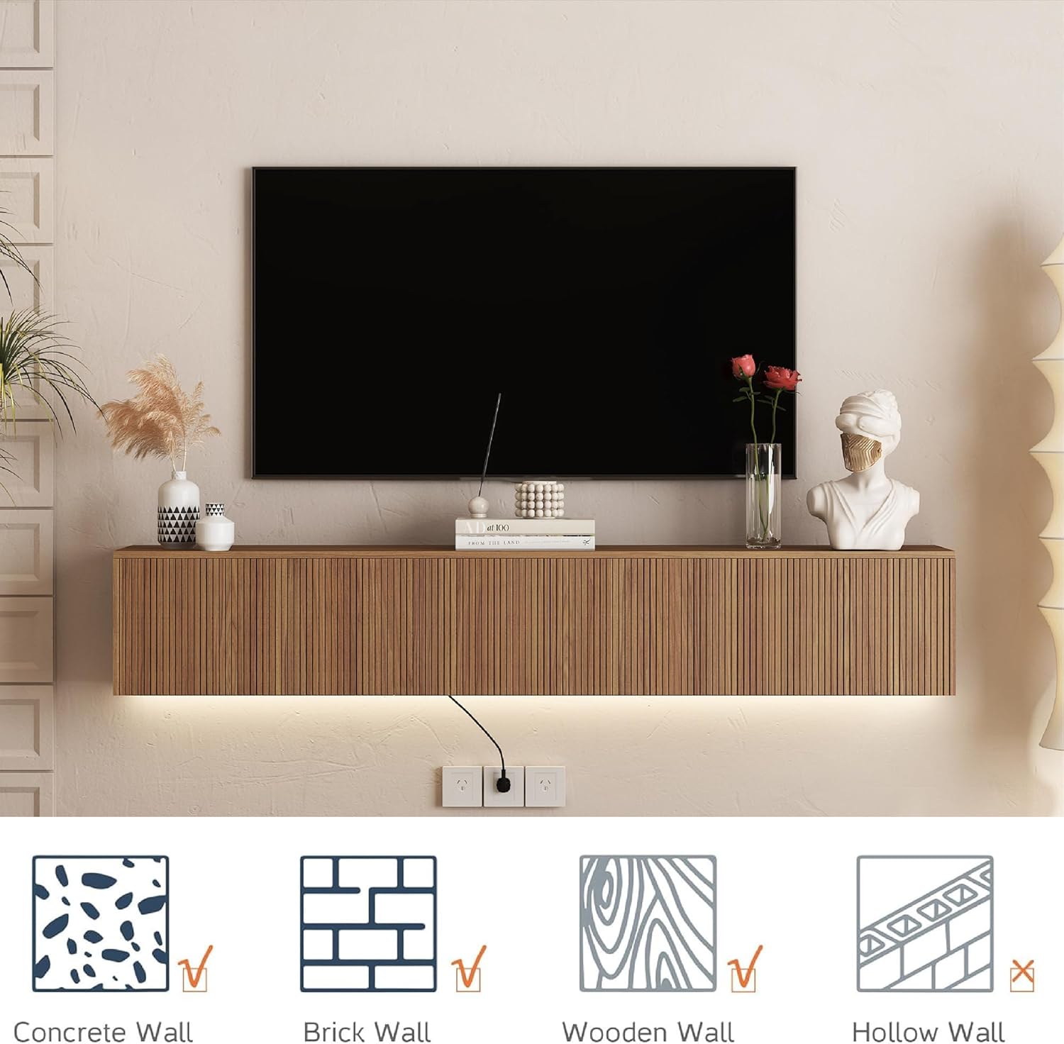 Floating TV Stand Wall Mounted for Living Room and Bedroom, Media Console Table with 16 Color LED Light, Entertainment Center with Storage and Drawers Fits TV 50-65 inch Cabinet (Wood, 68.8")