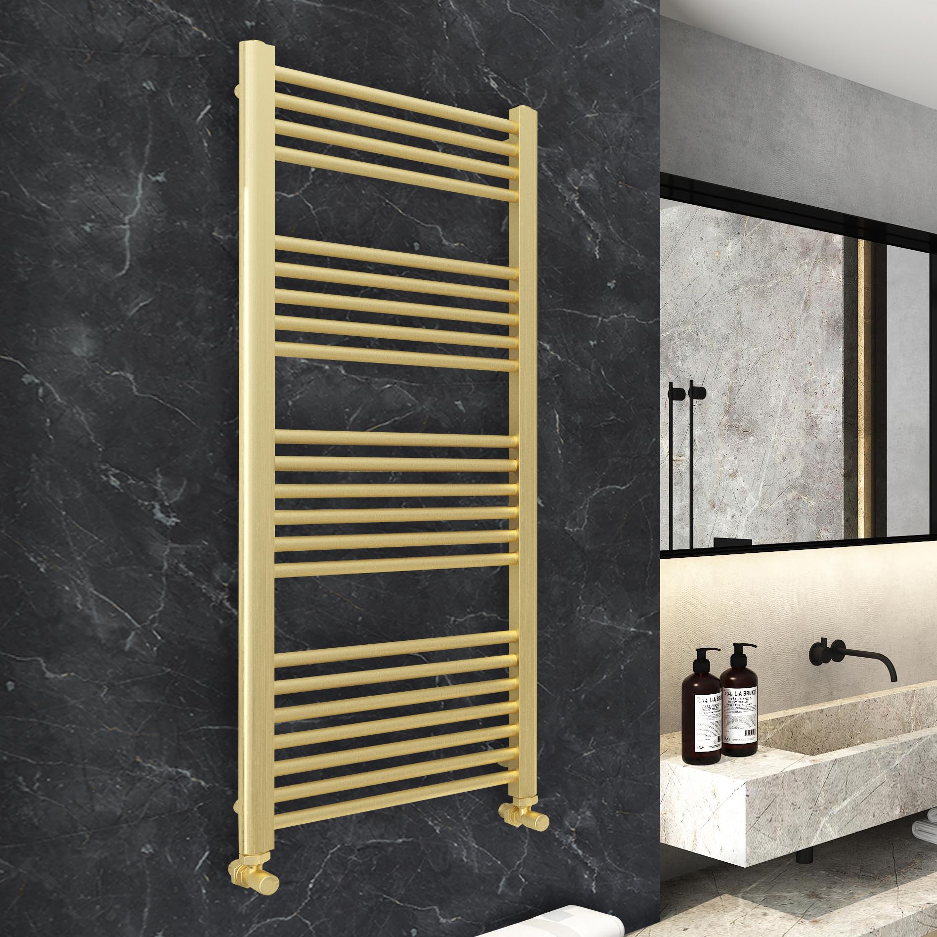 Nwt Direct Brushed Brass 500Mm (W) X 1200Mm (H) Straight Heated Towel Ladder Rail Bathroom Radiator - 2084 Btus
