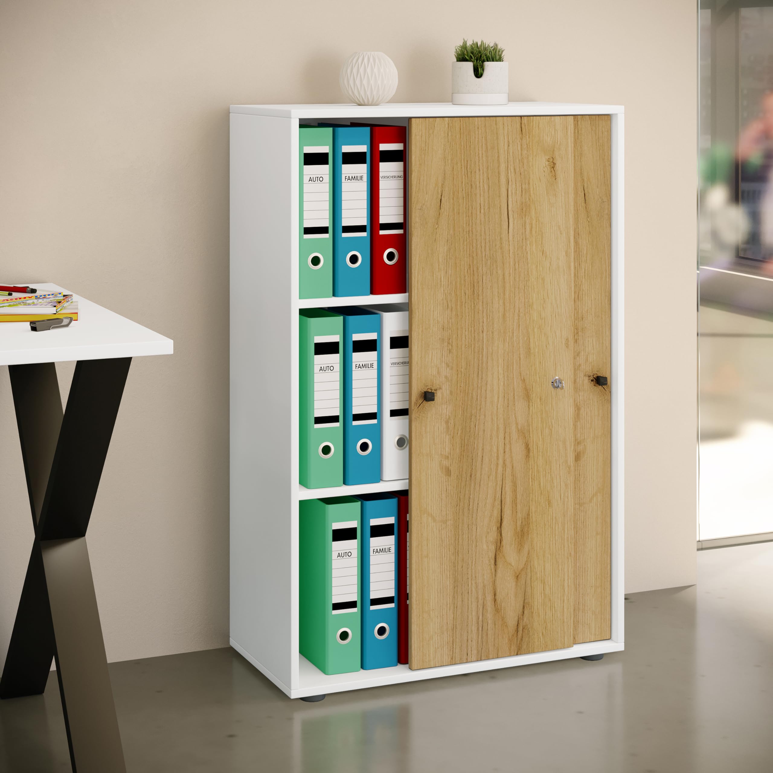 VCM Büroschrank mit 3 Fächern | moderner Aktenschrank mit Schiebetüren und Schloss | Maße ca. B. 70 x H. 111 x T. 40 cm – Lona 3-Fach abschließbar