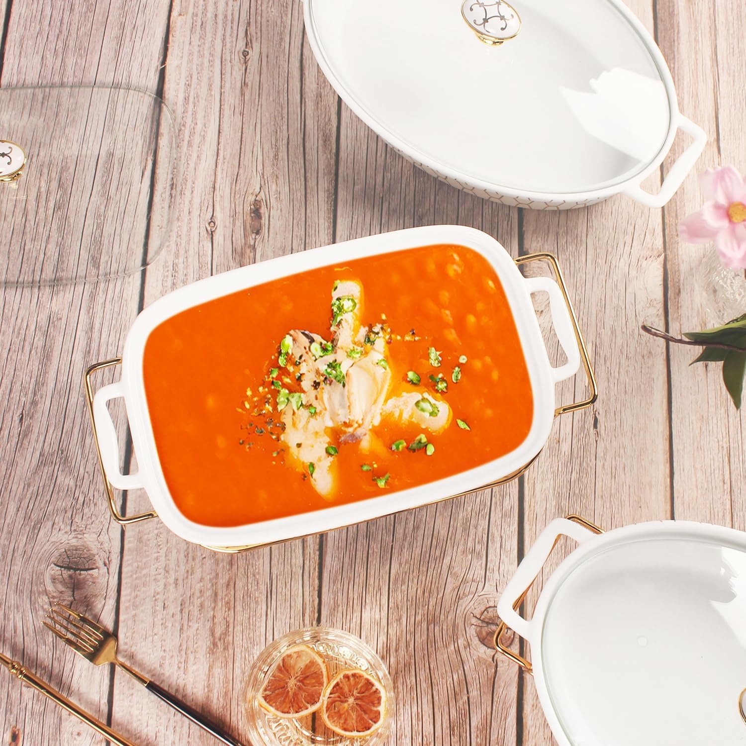 Cacerola Rectangular de Porcelana para Hornear con Tapa de Vidrio y Rejilla, Plato para Calentar Alimentos para bufé, Bandeja para conservar Alimentos, cazuela para Catering para f