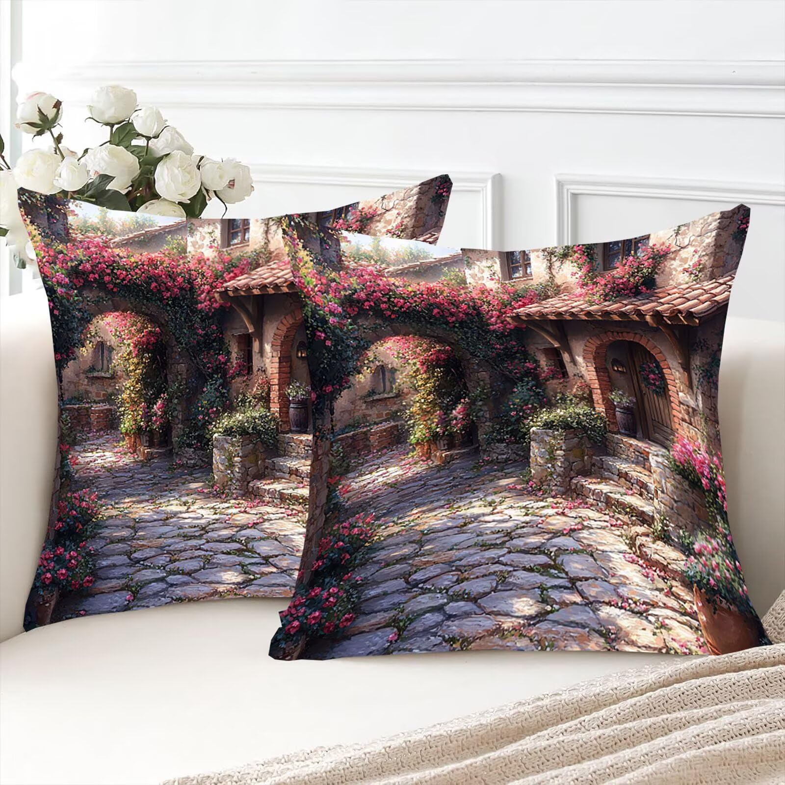 Garten Samt Kissenbezug 60 x 60 cm 2er Set Kissenhülle Sofakissen Samtkissen Dekorative Dekokissen Couchkissen Zierkissen Quadrat Wurfkissenbezug Verstecktem Reißverschluss Wohnzimmer Häuser 0P-363