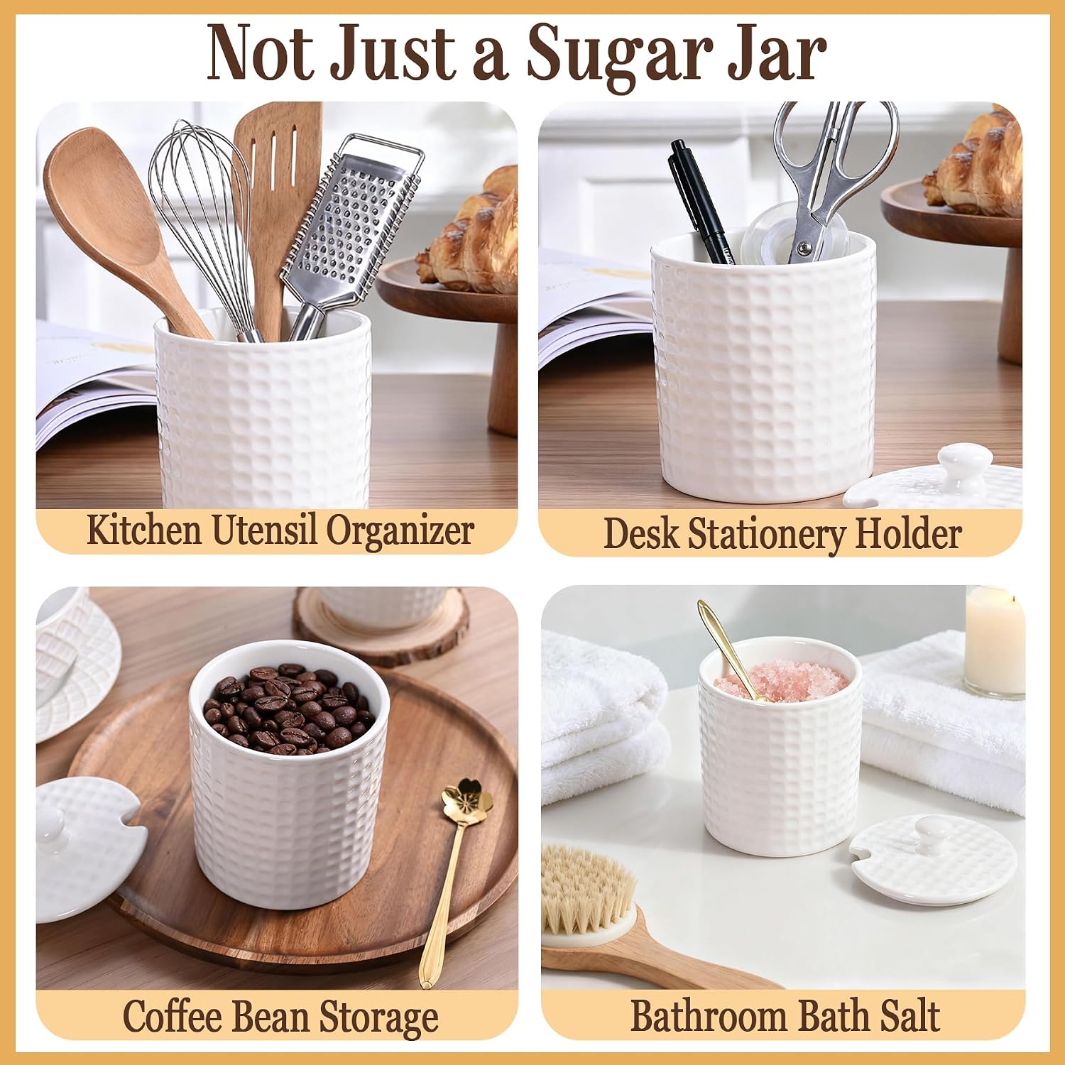 Ceramic Sugar Bowl with Lid and Gold Spoon, 16 oz Large Sugar Container