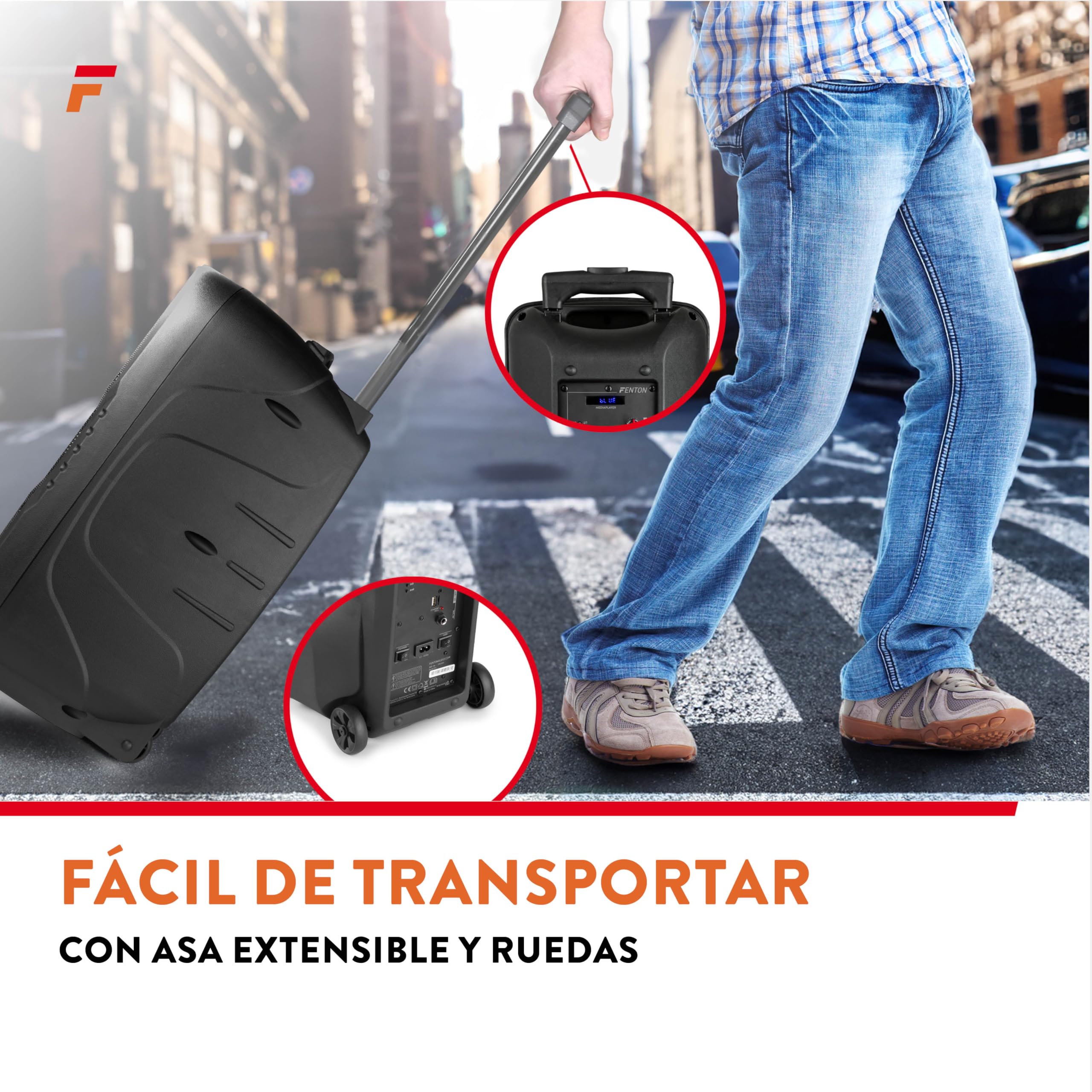 Fenton FT208LED – Altavoz Bluetooth Grande Potente 500W con microfono, Doble woofer 8", Altavoz portátil Bluetooth Potente con USB, Karaoke y batería Recargable Color Negro