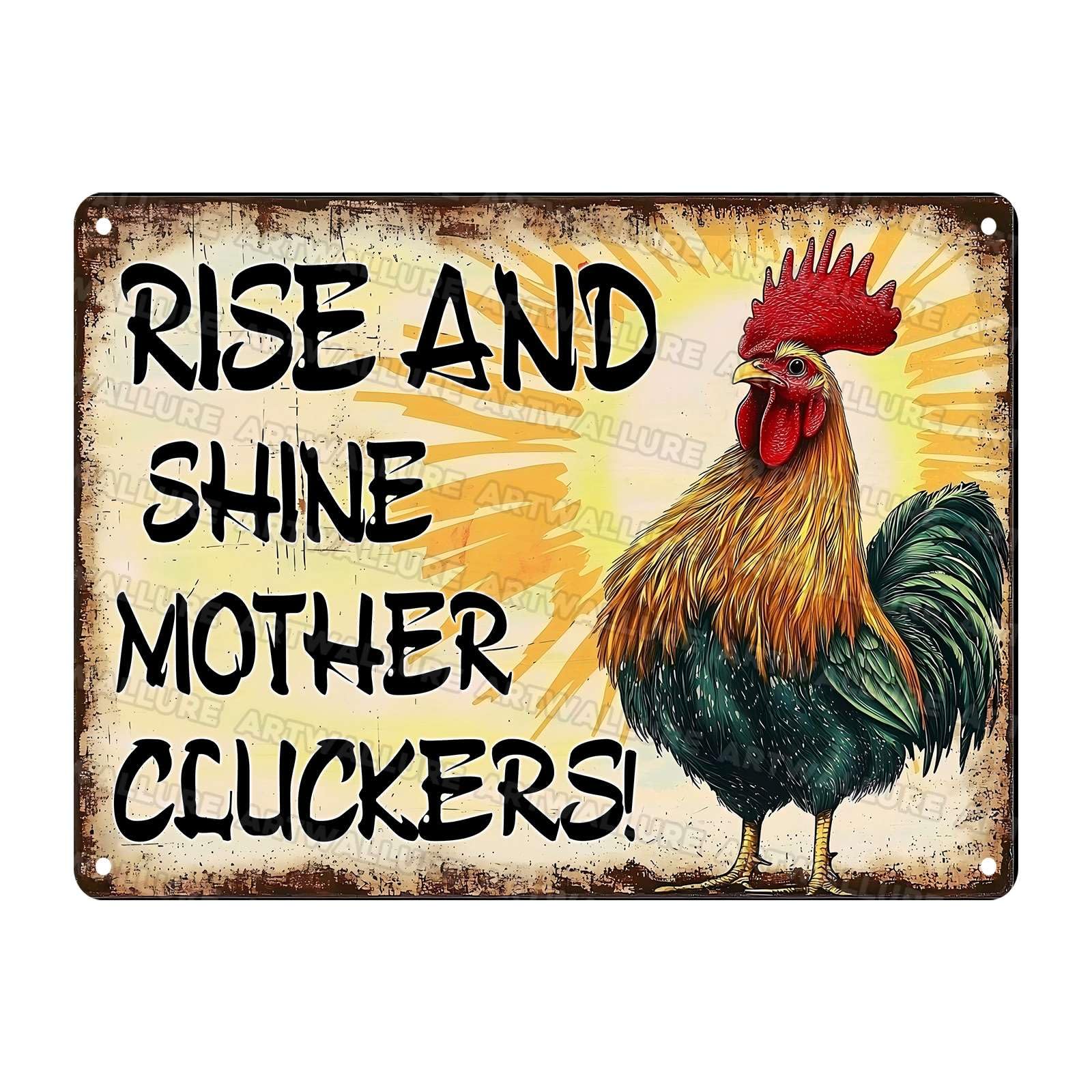 Cluckers Vintage Tin Sign Rise and Shine Mother Cluckers Metal Tin Sign for Home Decor Cave Barn Coop Wall Decoration Bedroom 12x16Inch