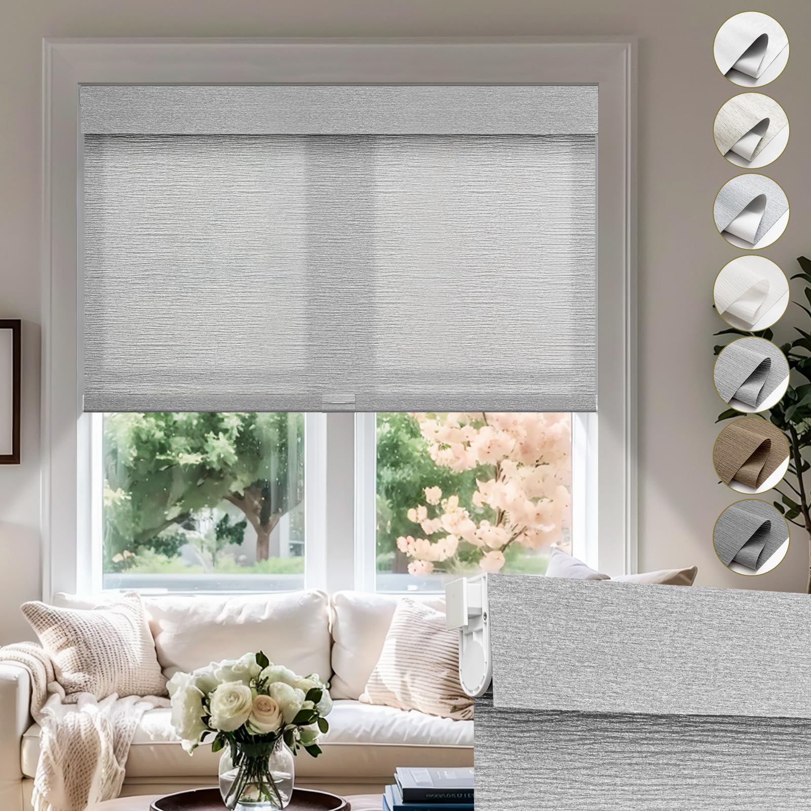 Moonice No Drill No Tools Cordless Roller Blinds for Windows Light Filtering Shades Valance Jacquard Linen Fabric Room darkening shade Privacy Blind for Home Bathroom(Silver Grey,130cm W x 135cm H)