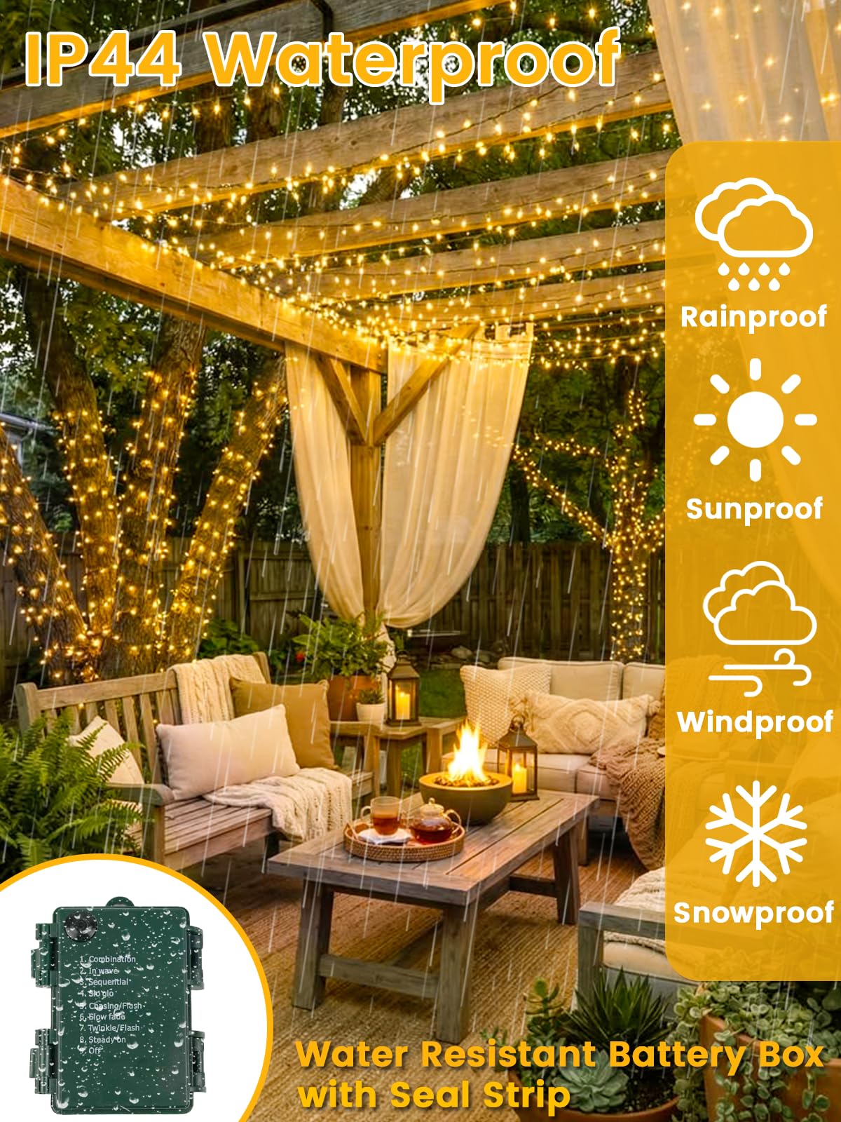 4 unidades de 400 luces LED de 132 pies impermeables con batería parpadeante (blanco cálido)