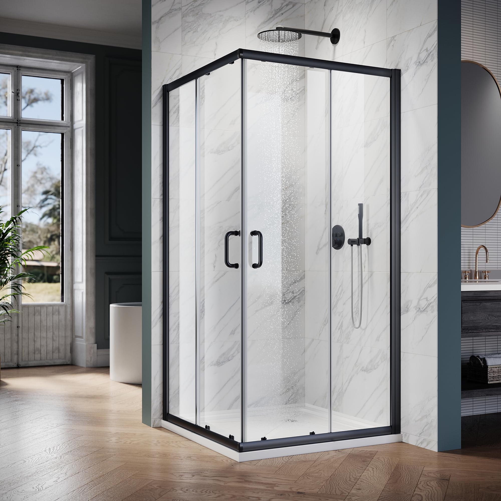 Photo 1 of ELEGANT Corner Shower Enclosure 36 in.D x 36 in. W x 72 in. H, Double Sliding Corner Shower Door with 1/4 in. Tempered Glass, Sliding Shower Enclosure in Black (Shower Base Not Included)