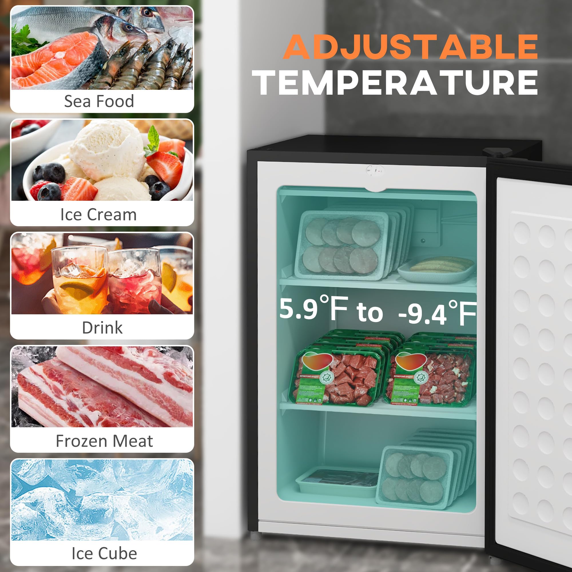HOMCOM Mini Freezer Countertop, 1.1 Cu.Ft Compact Upright Freezer With Removable Shelves, Reversible Door For Home, Dorm, Apartment And Office, Silver on Fridge.com - View 4