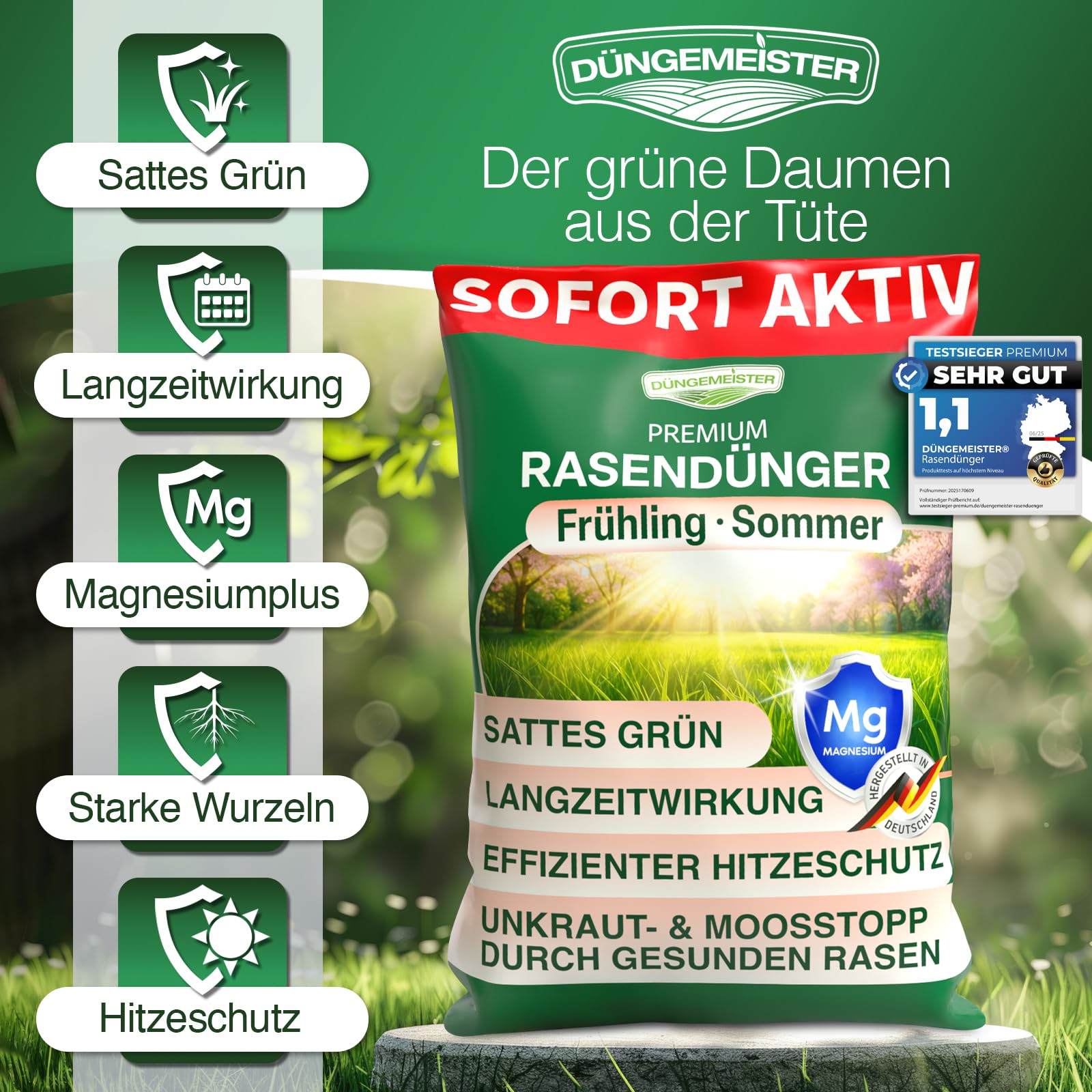 Rasendünger Sommer Sofortwirkung – sattes Grün – für Streuwagen geeignet (10 kg für 500m²)